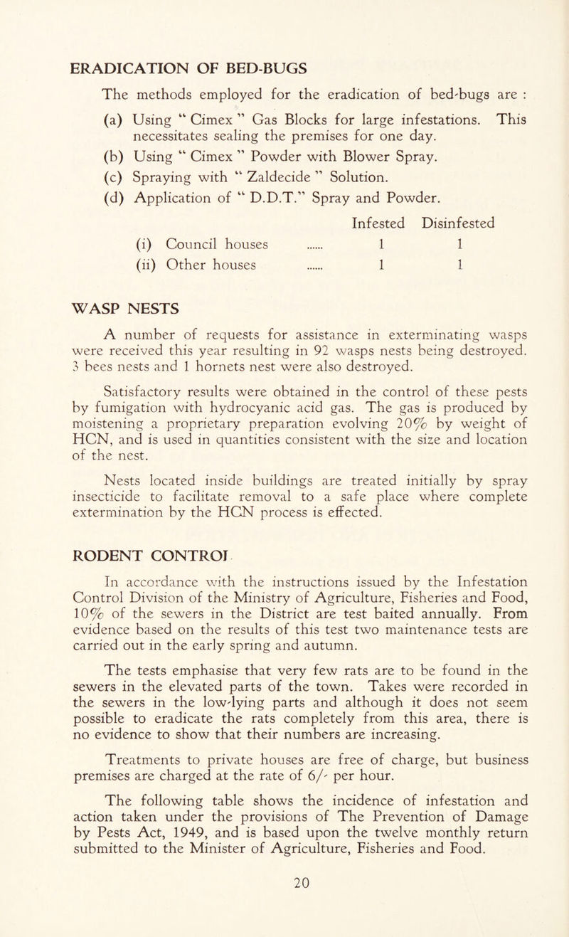 ERADICATION OF BED-BUGS The methods employed for the eradication of bed-bugs are : (a) Using “ Cimex ” Gas Blocks for large infestations. This necessitates sealing the premises for one day. (b) Using “ Cimex ” Powder with Blower Spray. (c) Spraying with “ Zaldecide ” Solution. (d) Application of D.D.T.” Spray and Powder. Infested Disinfested (i) Council houses . 1 1 (ii) Other houses . 1 1 WASP NESTS A number of requests for assistance in exterminating wasps were received this year resulting in 92 wasps nests being destroyed. 3 bees nests and 1 hornets nest were also destroyed. Satisfactory results were obtained in the control of these pests by fumigation with hydrocyanic acid gas. The gas is produced by moistening a proprietary preparation evolving 20% by weight of HCN, and is used in quantities consistent with the si^e and location of the nest. Nests located inside buildings are treated initially by spray insecticide to facilitate removal to a safe place where complete extermination by the HCN process is effected. RODENT CONTROI In accordance with the instructions issued by the Infestation Control Division of the Ministry of Agriculture, Fisheries and Food, 10% of the sewers in the District are test baited annually. From evidence based on the results of this test two maintenance tests are carried out in the early spring and autumn. The tests emphasise that very few rats are to be found in the sewers in the elevated parts of the town. Takes were recorded in the sewers in the low-lying parts and although it does not seem possible to eradicate the rats completely from this area, there is no evidence to show that their numbers are increasing. Treatments to private houses are free of charge, but business premises are charged at the rate of 6/- per hour. The following table shows the incidence of infestation and action taken under the provisions of The Prevention of Damage by Pests Act, 1949, and is based upon the twelve monthly return submitted to the Minister of Agriculture, Fisheries and Food.