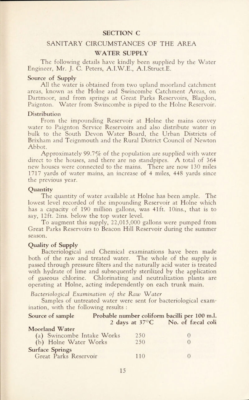 SANITARY CIRCUMSTANCES OF THE AREA WATER SUPPLY The following details have kindly been supplied by the Water Engineer, Mr. J. C. Peters, A.I.W.E., A.I.Struct.E. Source of Supply All the water is obtained from two upland moorland catchment areas, known as the Holne and Swincombe Catchment Areas, on Dartmoor, and from springs at Great Parks Reservoirs, Blagdon, Paignton. Water from Swincombe is piped to the Holne Reservoir. Distribution From the impounding Reservoir at Holne the mains convey water to Paignton Service Reservoirs and also distribute water in bulk to the South Devon Water Board, the Urban Districts of Brixham and Teignmouth and the Rural District Council of Newton Abbot. Approximately 99.7% of the population are supplied with water direct to the houses, and there are no standpipes. A total of 364 new houses were connected to the mams. There are now 130 miles 1717 yards of water mains, an increase of 4 miles, 448 yards since the previous year. Quantity The quantity of water available at Holne has been ample. The lowest level recorded of the impounding Reservoir at Holne which has a capacity of 190 million gallons, was 41ft. lOins., that is to say, 12ft. 2ms. below the top water level. To augment this supply, 22,015,000 gallons were pumped from Great Parks Reservoirs to Beacon Hill Reservoir during the summer season. Quality of Supply Bacteriological and Chemical examinations have been made both of the raw and treated water. The whole of the supply is passed through pressure filters and the naturally acid water is treated with hydrate of lime and subsequently sterilized by the application of gaseous chlorine. Chlorinating and neutralization plants are operating at Holne, acting independently on each trunk main. Bacteriological Examination of the Raw Water Samples of untreated water were sent for bacteriological exam¬ ination, with the following results : Source of sample Probable number coliform bacilli per 100 m.l. 2 days at 37°C No. of faecal coli Moorland Water (a) Swincombe Intake Works 250 0 (b) Holne Water Works 250 0 Surface Springs Great Parks Reservoir 110 0