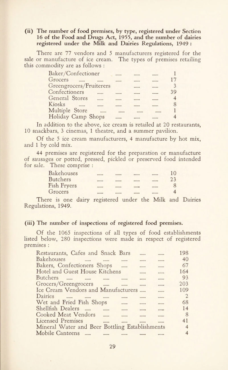 (ii) The number of food premises, by type, registered under Section 16 of the Food and Drugs Act, 1955, and the number of dairies registered under the Milk and Dairies Regulations, 1949 : There are 77 vendors and 5 manufacturers registered for the sale or manufacture of ice cream. The types of premises retailing this commodity are as follows : Baker/Confectioner . 1 Grocers . . . . . 17 Greengrocers/Fruiterers 3 Confectioners . 39 General Stores . . . . 4 Kiosks . . . . . 8 Multiple Store . 1 Holiday Camp Shops . ...... . 4 In addition to the above, ice cream is retailed at 20 restaurants, 10 snackbars, 3 cinemas, 1 theatre, and a summer pavilion. Of the 5 ice cream manufacturers, 4 manufacture by hot mix, and 1 by cold mix. 44 premises are registered for the preparation or manufacture of sausages or potted, pressed, pickled or preserved food intended for sale. These comprise : Bakehouses . . . . 10 Butchers . . . . 23 Fish Fryers . . ...... . 8 Grocers . . . 4 There is one dairy registered under the Milk and Dairies Regulations, 1949. (iii) The number of inspections of registered food premises. Of the 1065 inspections of all types of food establishments listed below, 280 inspections were made in respect of registered premises : Restaurants, Cafes and Snack Bars . . 198 Bakehouses . . . . . 40 Bakers, Confectioners Shops . . . 67 Hotel and Guest House Kitchens . . 164 Butchers . . . . . . 93 Grocers/Greengrocers . . . . 203 Ice Cream Vendors and Manufacturers. . 109 Dairies . . . . . . 2 Wet and Fried Fish Shops . 68 Shellfish Dealers . ... . 14 Cooked Meat Vendors . . . . 8 Licensed Premises . . . . 41 Mineral Water and Beer Bottling Establishments 4 Mobile Canteens . . . 4