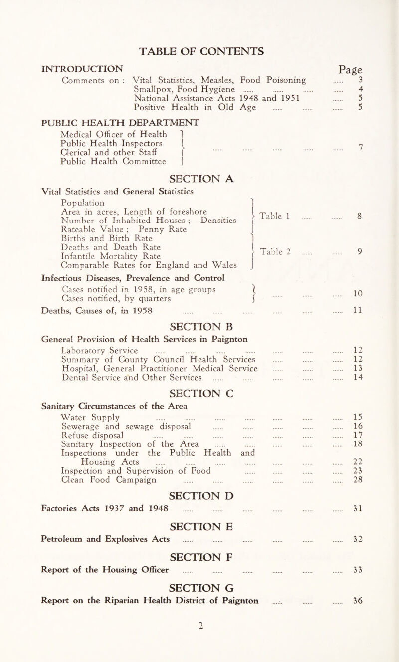 TABLE OF CONTENTS INTRODUCTION Page Comments on : Vital Statistics, Measles, Food Poisoning . 3 Smallpox, Food Hygiene . . . . 4 National Assistance Acts 1948 and 1951 . 5 Positive Health in Old Age . . . 5 PUBLIC HEALTH DEPARTMENT Medical Officer of Health 1 Public Health Inspectors I Clerical and other Staff ( Public Health Committee ) SECTION A Vital Statistics and General Statistics Population Area in acres, Length of foreshore Number of Inhabited Houses ; Densities Rateable Value ; Penny Rate Births and Birth P^ate Deaths and Death Rate Infantile Mortality Rate Comparable Rates for England and Wales Infectious Diseases, Prevalence and Control Cases notified in 1958, in age groups Cases notified, by quarters Deaths, Causes of, in 1958 . . . . . . 11 SECTION B General Provision of Health Services in Paignton Laboratory Service . . . . . . . 12 Summary of County Council Health Services . . . 12 Hospital, General Practitioner Medical Service . .; . 13 Dental Service and Other Services . . . . . 14 SECTION C Sanitary Circumstances of the Area Water Supply . . . . . . . 15 Sewerage and sewage disposal . . . . . 16 Refuse disposal . . . . . . . 17 Sanitary Inspection of the Area . . . . . 18 Inspections under the Public Health and Housing Acts . . . . . . 22 Inspection and Supervision of Food . . . 23 Clean Food Campaign . . . . . . 28 SECTION D Factories Acts 1937 and 1948 . . . . 31 SECTION E Petroleum and Explosives Acts . . . . . . 32 SECTION F Report of the Housing Officer . . . . . . 33 SECTION G Report on the Riparian Health District of Paignton . . 36 !> Table 1 , n 11 r i aole 2 1 8 10