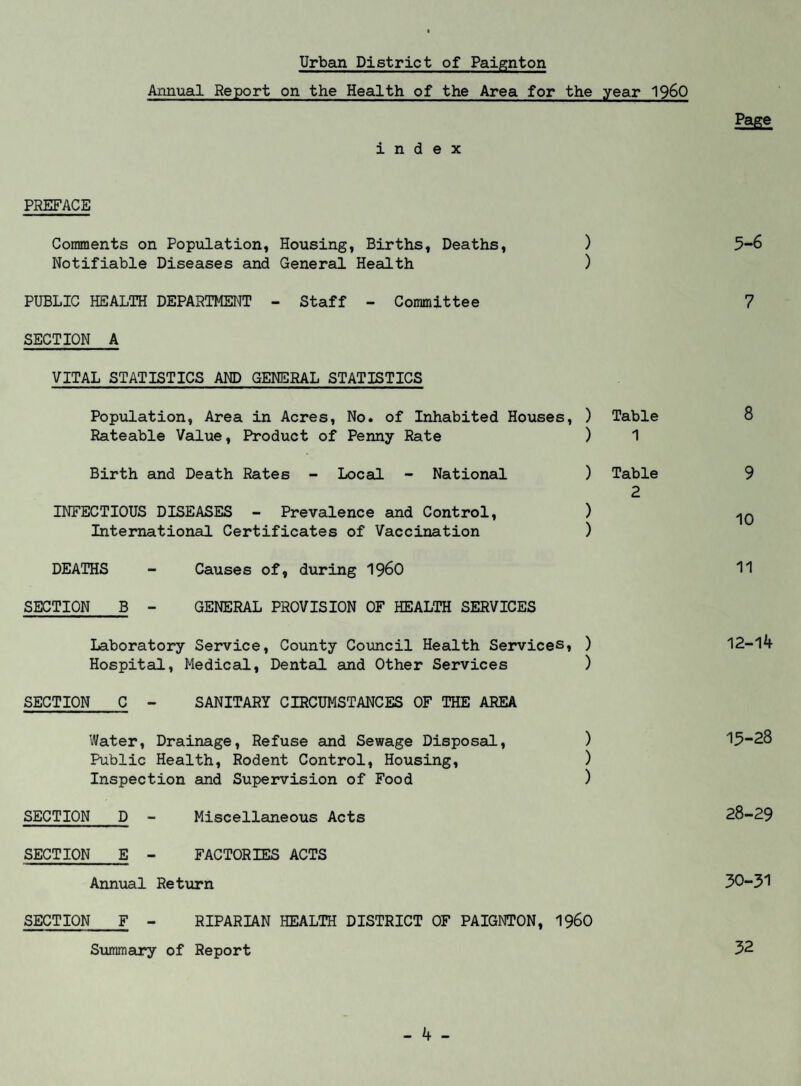 Urban District of Paignton Annual Report on the Health of the Area for the year 1960 Pcige index PREFACE Comments on Population, Housing, Births, Deaths, ) 5-6 Notifiable Diseases and General Health ) PUBLIC HEALTH DEPARTMENT - Staff - Committee 7 SECTION A VITAL STATISTICS AND GENERAL STATISTICS Population, Area in Acres, No. of Inhabited Houses, ) Table 8 Rateable Value, Product of Penny Rate ) 1 Birth and Death Rates - Locad - National ) Table 9 2 INFECTIOUS DISEASES - Prevalence and Control, ) International Certificates of Vaccination ) DEATHS - Causes of, during 1960 11 SECTION B - GENERAL PROVISION OF HEALTH SERVICES Laboratory Service, County Covincil Health Services, ) 12-l4 Hospital, Medical, Dental and Other Services ) SECTION C - SANITARY CIRCUMSTANCES OF THE AREA Water, Drainage, Refuse and Sewage Disposal, ) 15-28 Public Health, Rodent Control, Housing, ) Inspection and Supervision of Food ) SECTION D - Miscellaneous Acts 28-29 SECTION E - FACTORIES ACTS Annual Return 30-31 SECTION F - RIPARIAN HEALTH DISTRICT OF PAIGNTON, I960 Summary of Report 32