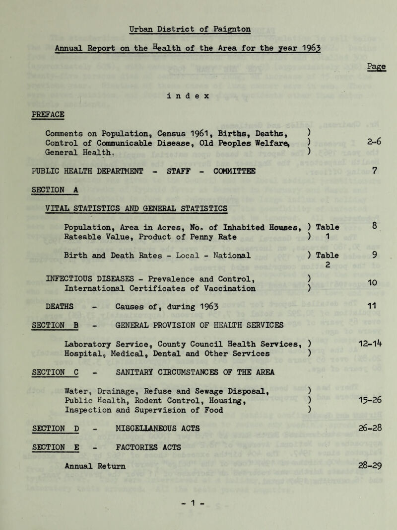 Annual Report on the Health of the Area for the year 1963 Page index PREFACE Comments on Population, Census 1961, Births, Deaths, ) Control of Communicable Disease, Old Peoples Welfare, ) 2-6 General Health, ) PUBLIC HEALTH DEPARTMENT - STAFF - COMMITTEE 7 SECTION A VITAL STATISTICS AND GENERAL STATISTICS Population, Area in Acres, No<> of Inhabited Houses, ) Table 8 Rateable Value, Product of Penny Rate ) 1 Birth and Death Rates - Local - National ) Table 9 2 INFECTIOUS DISEASES - Prevalence and Control, ) ^0 International Certificates of Vaccination ) DEATHS - Causes of, during 1963 11 SECTION B - GENERAL PROVISION OF HEALTH SERVICES Laboratory Service, County Council Health Services, ) 12-14 Hospital, Medical, Dental and Other Services ) SECTION C - SANITARY CIRCUMSTANCES OF THE AREA Water, Drainage, Refuse and Sewage Disposal, ) Public Health, Rodent Control, Housing, ) 15-26 Inspection and Supervision of Food ) SECTION D - MISCELLANEOUS ACTS 26-28 SECTION E - FACTORIES ACTS Annual Return 28-29