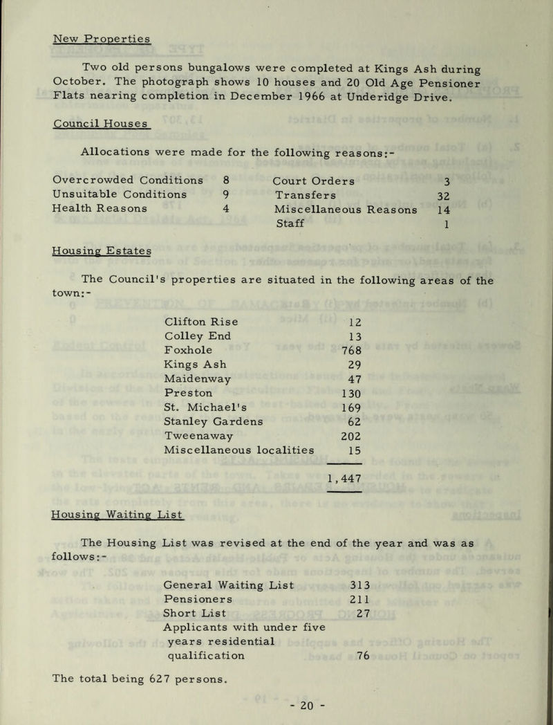 New Properties Two old persons bungalows were completed at Kings Ash during October. The photograph shows 10 houses and 20 Old Age Pensioner Flats nearing completion in December 1966 at Underidge Drive. Council Houses Allocations were made for the following reasons;- Overcrowded Conditions 8 Court Orders 3 Unsuitable Conditions 9 Transfers 32 Health Reasons 4 Miscellaneous Reasons 14 Staff 1 Housing Estates The Council's properties are situated in the following areas of the town;- Clifton Rise 12 Colley End 1 3 Foxhole 768 Kings Ash 29 Maidenway 47 Preston 130 St. Michael's 169 Stanley Gardens 62 Tweenaway 202 Miscellaneous localities 15 1,447 Housing Waiting List The Housing List was revised at the end of the year and was as follows: - General Waiting List 313 Pensioners 211 Short List 27 Applicants with under five years residential qualification 76 The total being 627 persons.