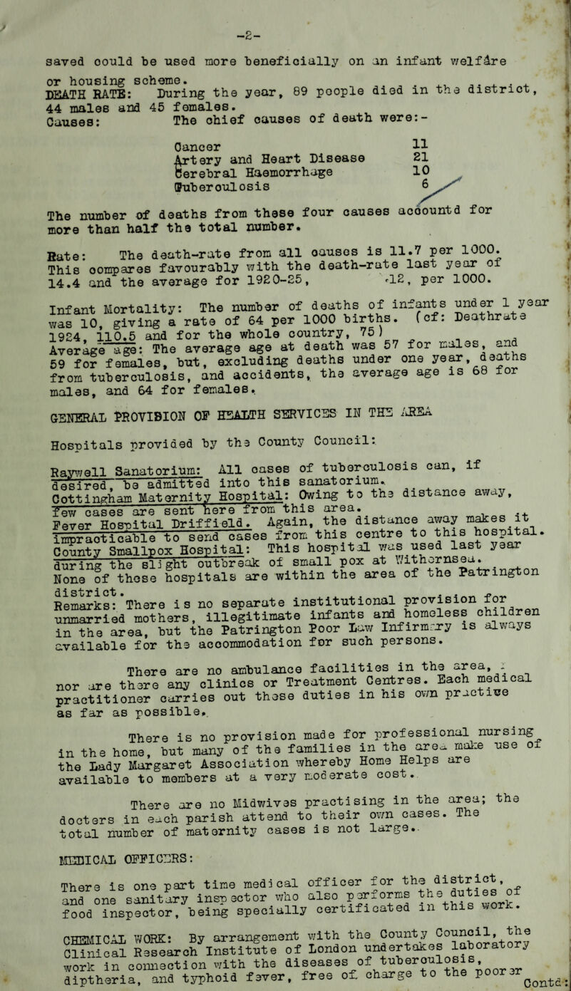 saved oould be used more beneficially on an infant welfare or housing scheme. „. a . ,, ,. . . , DEATH RATE: During the year, 89 people died m the district, 44 males and 45 females. Causes: The chief causes of death were.— Cancer Artery and Heart Disease Cerebral Haemorrhage Qhiberoulosis 11 21 10 6 The number of deaths from these four causes acoountd for more than half the total number. <• I Hate: The death-rate from all oauscs is 11.V per 1000. This compares favourably with the death-rate last year of 14.4 and the average for 192 0-25, <-12, per 1000. Infant Mortality: The number of deaths of infants under 1 year was 10, giving a rate of 64 per 1000 births, (cf: Deathrate 1924, 110.5 and for the whole country, 75) Average age: The average age at death was 57 for males, an 59 for females, but, excluding deaths under one year deaths from tuberculosis, and accidents, the average age is 68 for males, and 64 for females. GENERAL PROVISION OF HEALTH SERVICES IN THE AREA Hospitals provided by the County Council: Raywell Sanatorium^ All oases of tuberculosis can, if desired be admitted into this sanatorium., aesirea, — +,0 the distance away. Cottingham Maternity Hospital: Owing to few cases are sent nere from this area. Fever Hospital Driffield. Again, the distance away makes it impracticable to send cases from this centre to this hospital. County Smallpox Hospital: This hospital was used last year during the slight outbreak of small pox at Y/ithornseu. . None of these hospitals are within the area of uhe Patrmgt n Remarks: There is no separate institutional provision for unmarried mothers, illegitimate infants and homeless children in the area, but the Patrington Poor Law Infirmary is always available for the accommodation for such persons. There are no ambulance facilities in the area, . nor are there any clinics or Treatment Centres. Each medical practitioner carries out these duties m his own practice as far as possible,. There is no provision made for professional nursing in the hone, but many of the families in the area mate use of the Lady Margaret Association whereby Home Helps are available to members at a very moderate cost.. Th^re ore no Midwives practising in the area; the docters in each parish attend to their own_cases. The total number of maternity cases is ' not large.. MEDICAL OFFICERS: There is one part time medical officer for the district, • i _ •__u ^ 1 o 1T\ rtfY* T PiT*TP, P 1, hi Q dll t 1 G S ana one sanitlry inspector who also performs the j^ties of food inspector, being specially certificated m this *o . CHEMICAL WORE: By arrangement with the CoeEf A° ? nh oritor7 Clinical Research Institute of London overtakesosis work in comiection with the diseases of tuberoulosis. diptheria, and typhoid fever, free charge to the poorer