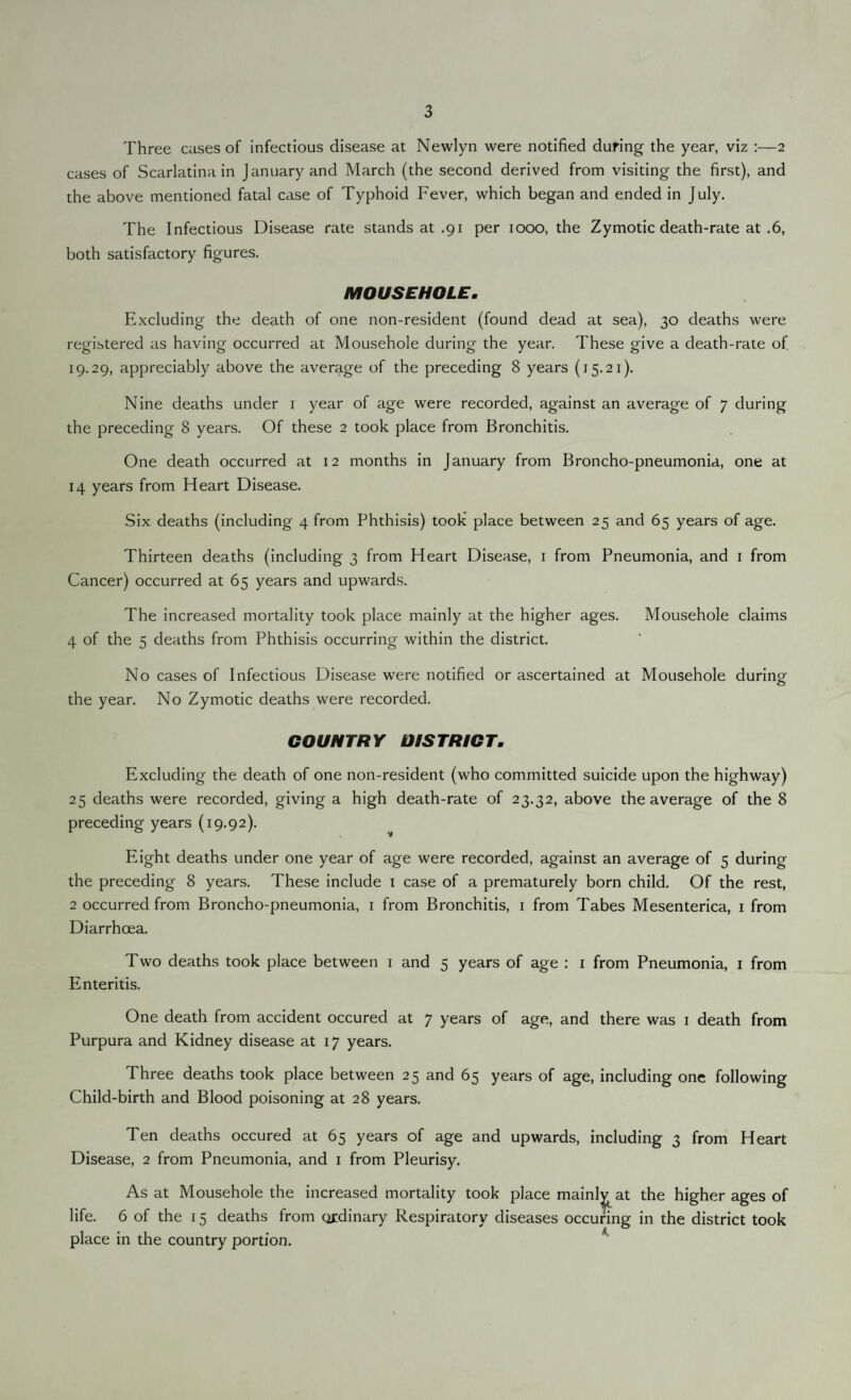 Three cases of infectious disease at Newlyn were notified during the year, viz :—2 cases of Scarlatina in January and March (the second derived from visiting the first), and the above mentioned fatal case of Typhoid Fever, which began and ended in July. The Infectious Disease rate stands at .91 per 1000, the Zymotic death-rate at .6, both satisfactory figures. MOUSEHOLE. Excluding the death of one non-resident (found dead at sea), 30 deaths were registered as having occurred at Mousehole during the year. These give a death-rate of 19.29, appreciably above the average of the preceding 8 years (15.21). Nine deaths under 1 year of age were recorded, against an average of 7 during the preceding 8 years. Of these 2 took place from Bronchitis. One death occurred at 12 months in January from Broncho-pneumonia, one at 14 years from Heart Disease. Six deaths (including 4 from Phthisis) took place between 25 and 65 years of age. Thirteen deaths (including 3 from Heart Disease, 1 from Pneumonia, and 1 from Cancer) occurred at 65 years and upwards. The increased mortality took place mainly at the higher ages. Mousehole claims 4 of the 5 deaths from Phthisis occurring within the district. No cases of Infectious Disease were notified or ascertained at Mousehole during the year. No Zymotic deaths were recorded. COUNTRY DISTRICT. Excluding the death of one non-resident (who committed suicide upon the highway) 25 deaths were recorded, giving a high death-rate of 23.32, above the average of the 8 preceding years (19.92). Eight deaths under one year of age were recorded, against an average of 5 during the preceding 8 years. These include 1 case of a prematurely born child. Of the rest, 2 occurred from Broncho-pneumonia, 1 from Bronchitis, 1 from Tabes Mesenterica, 1 from Diarrhoea. Two deaths took place between 1 and 5 years of age : 1 from Pneumonia, 1 from Enteritis. One death from accident occured at 7 years of age, and there was 1 death from Purpura and Kidney disease at 17 years. Three deaths took place between 25 and 65 years of age, including one following Child-birth and Blood poisoning at 28 years. Ten deaths occured at 65 years of age and upwards, including 3 from Heart Disease, 2 from Pneumonia, and 1 from Pleurisy. As at Mousehole the increased mortality took place mainly at the higher ages of life. 6 of the 15 deaths from ordinary Respiratory diseases occuring in the district took place in the country portion.