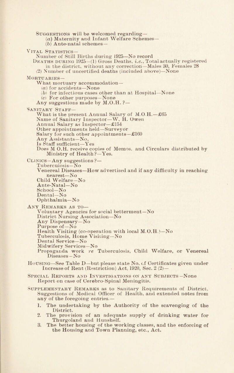 Suggestions will be welcomed regarding— (a) Maternity and Infant Welfare Schemes— (b) Ante-natal schemes— Vital Statistics— Number of Still Births during 1925—No record Deaths during 1925—(1) Dross Deaths, i.e., Total actually registered in the district, without any correction—Males 30, Females 28 (2) Number of uncertified deaths (included above)—None Mortuaries— What mortuary accommodation — (a) for accidents—None (b) for infectious cases other than at Hospital—None (c) For other purposes—None Any suggestions made by M.O.H. ?— Sanitary Staff— What is the present Annual Salary of M.O.H.—£65 Name of Sanitary Inspector—W. H. Owen Annual Salary as Inspector—£154 Other appointments held—Surveyor Salary for such other appointments—£160 Any Assistants—No. Is Staff sufficient—Yes Does M O.H. receive copies of Memos, and Circulars distributed by Ministry of Health?—Yes. Clinics—Any suggestions?— Tuberculosis—No Venereal Diseases—How advertised and if any difficulty in reaching nearest—No Child Welfare-No Ante-Natal—No School—No Dental—No Ophthalmia—No Any Remarks as to— Voluntary Agencies for social betterment—No District Nursing Association—No Any Dispensary—No Purpose of—No Health Visiting (co-operation with local M.O.H.)—No Tuberculosis, Home Visiting—No Dental Service—No Midwifery Services—No Propaganda work re Tuberculosis, Child Welfare, or Venereal Diseases —No Housing—See Table D—but please state No. of Certificates given under Increase of Rent (Restriction) Act, 1920, Sec. 2 (2)— Special Reports and Investigations on any Subjects—None Report on case of Cerebro-Spinal Meningitis. Supplementary Remarks as to Sanitary Requirements of District. Suggestions of Medical Officer of Health, and extended notes from any of the foregoing entries.— 1. The undertaking by the Authority of the scavenging of the District. 2. The provision of an adequate supply of drinking water for Thurgoland and Hunshelf. 8. The better housing of the working classes, and the enforcing of the Housing and Town Planning, etc., Act.