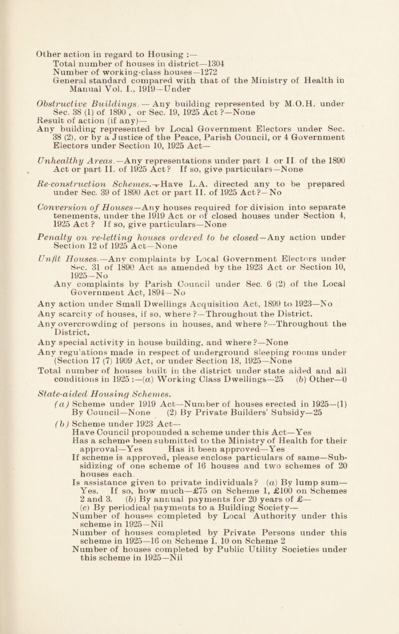 Other action in regard to Housing :— Total number of houses in district—1304 Number of working-class houses—1272 General standard compared with that of the Ministry of Health in Manual Vol. 1., 1919 —Under Obstructive Buildings. — Any building represented by M.O.H. under Sec. 38 (1) of 1890 , or Sec. 19, 1925 Act ?—None Result of action (if any)— Any building represented by Local Government Electors under Sec. 38 (2), or by a Justice of the Peace, Parish Council, or 4 Government Electors under Section 10, 1925 Act— Unhealthy Areas — Any representations under part 1 or II of the 1890 Act or part II. of 1925 Act? If so, give particulars—None Re-construction Schemes.-*-Have L.A. directed any to be prepared under Sec. 39 of 1890 Act or part II. of 1925 Act?—No Conversion of Houses—Any houses required for division into separate tenements, under the 1919 Act or of closed houses under Section 4, 1925 Act ? If so, give particulars—None Penalty on re-letting houses ordered to be closed—Any action under Section 12 of 1925 Act—None Unfit Houses-—Any complaints by Local Government Electors under Sec. 31 of 1890 Act as amended by the 1923 Act or Section 10, 1925—No Any complaints by Parish Council under Sec. 6 (2) of the Local Government Act, 1894—No Any action under Small Dwellings Acquisition Act, 1899 to 1923—No Any scarcity of houses, if so, where ?—Throughout the District. Any overcrowding of persons in houses, and where ?—Throughout the District. Any special activity in house building, and where?—None Any regu’ations made in respect of underground sleeping rooms under (Section 17 (7) 1909 Act, or under Section 18, 1925—None Total number of houses built in the district under state aided and all conditions in 1925 :—(a) Working Class Dwellings—25 (6) Other—0 State-aided Housing Schemes. (a) Scheme under 1919 Act—Number of houses erected in 1925—(1) By Council—None (2) By Private Builders’ Subsidy—25 (b) Scheme under 1923 Act— Have Council propounded a scheme under this Act—Yes Has a scheme been submitted to the Ministry of Health for their approval—Yes Has it been approved—Yes If scheme is approved, please enclose particulars of same—Sub¬ sidizing of one scheme of 16 houses and two schemes of 20 houses each Is assistance given to private individuals? (a) By lump sum— Yes. If so, how much—£75 on Scheme 1, £100 on Schemes 2 and 3. {b) By annual payments for 20 years of £— (c) By periodical payments to a Building Society— Number of houses completed by Local Authority under this scheme in 1925—Nil Number of houses completed by Private Persons under this scheme in 1925—16 on Scheme 1, 10 on Scheme 2 Number of houses completed by Public Utility Societies under this scheme in 1925—Nil