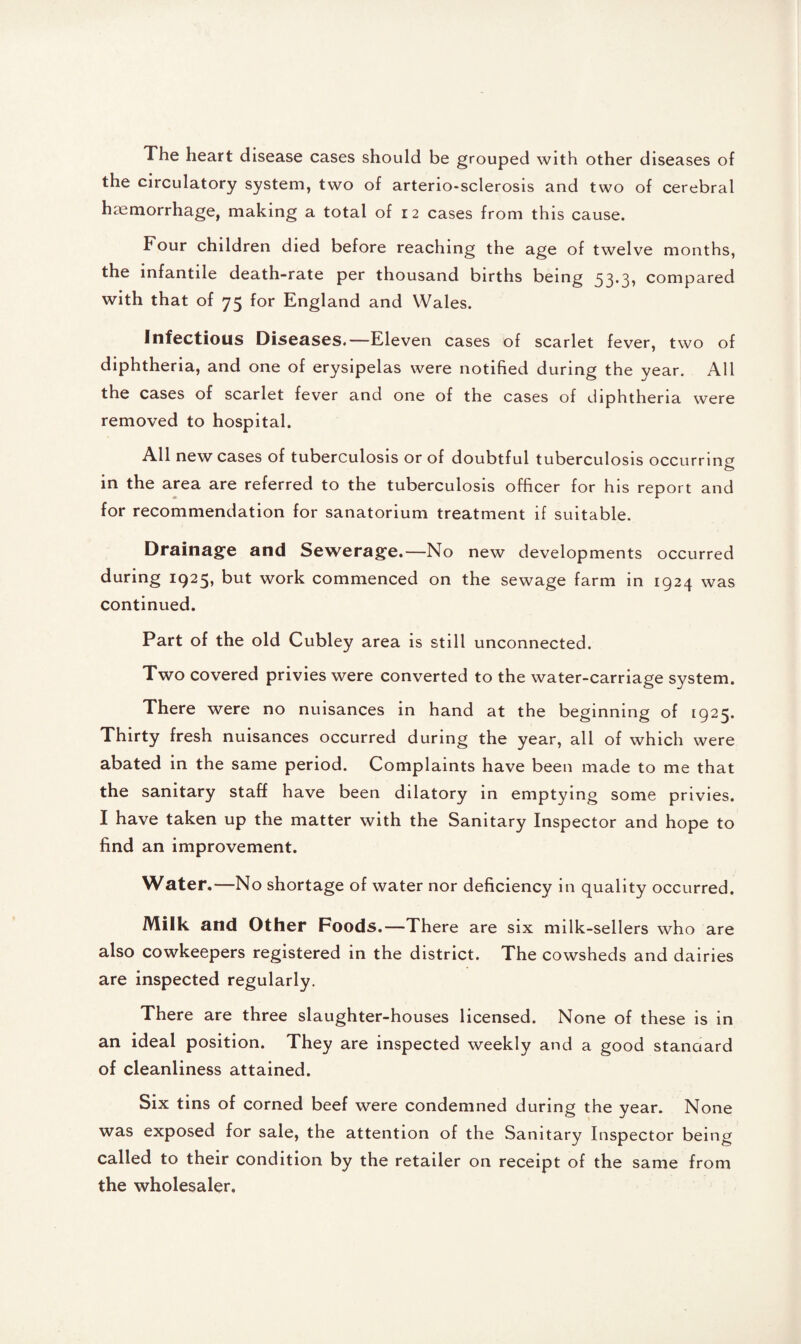 The heart disease cases should be grouped with other diseases of the circulatory system, two of arterio-sclerosis and two of cerebral haemorrhage, making a total of 12 cases from this cause. Four children died before reaching the age of twelve months, the infantile death-rate per thousand births being 53.3, compared with that of 75 for England and Wales. Infectious Diseases.—Eleven cases of scarlet fever, two of diphtheria, and one of erysipelas were notified during the year. All the cases of scarlet fever and one of the cases of diphtheria were removed to hospital. All new cases of tuberculosis or of doubtful tuberculosis occurring in the area are referred to the tuberculosis officer for his report and for recommendation for sanatorium treatment if suitable. Drainage and Sewerage.—No new developments occurred during 1925, but work commenced on the sewage farm in 1924 was continued. Part of the old Cubley area is still unconnected. Two covered privies were converted to the water-carriage system. There were no nuisances in hand at the beginning of 1925. Thirty fresh nuisances occurred during the year, all of which were abated in the same period. Complaints have been made to me that the sanitary staff have been dilatory in emptying some privies. I have taken up the matter with the Sanitary Inspector and hope to find an improvement. Water.—No shortage of water nor deficiency in quality occurred. Milk and Other Foods.—There are six milk-sellers who are also cowkeepers registered in the district. The cowsheds and dairies are inspected regularly. There are three slaughter-houses licensed. None of these is in an ideal position. They are inspected weekly and a good stanoard of cleanliness attained. Six tins of corned beef were condemned during the year. None was exposed for sale, the attention of the Sanitary Inspector being called to their condition by the retailer on receipt of the same from the wholesaler.