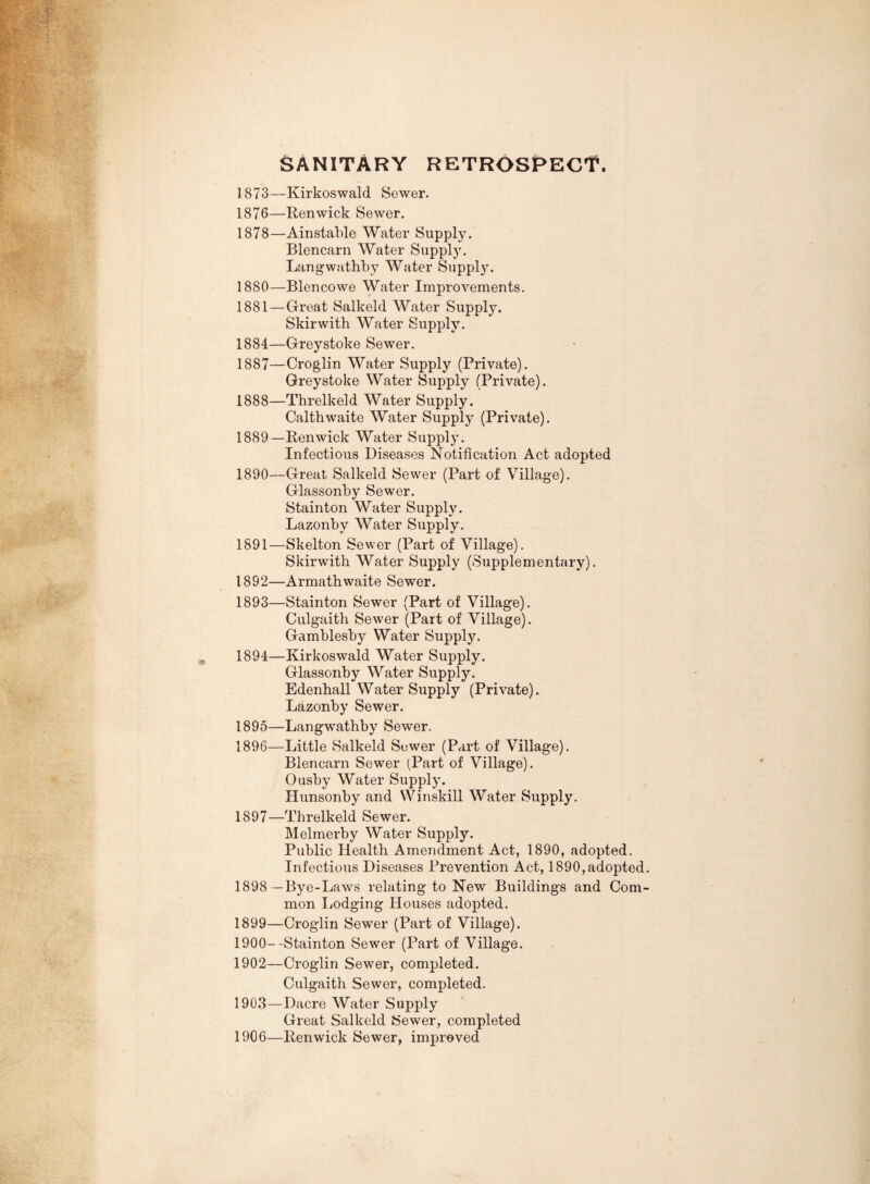 sanitary retrospect. 1873—Kirkoswald Sewer. 1876—Renwick Sewer. 1878—Ainstable Water Supply. Blencarn Water Supply. Langwathby Water Suppl3\ 1880— Blencowe Water Improvements. 1881— Great Salkeld Water Supply. Skirwith Water Supph^ 1884—Greystoke Sewer. 1887— Croglin Water Supply (Private). Greystoke Water Supply (Private). 1888— Threlkeld Water Supply. Calthwaite Water Supply (Private). 1889— Renwick Water Supply. Infectious Diseases Notification Act adopted 1890— Great Salkeld Sewer (Part of Village). Glassonby Sewer. Stainton Water Supply. Lazonby Water Supply. 1891— Skelton Sewer (Part of Village). Skirwith Water Supply (Supplementary). 1892— Armathwaite Sewer. 1893— Stainton Sewer (Part of Village). Culgaitb Sewer (Part of Village). Gamblesby Water Suppl3^ 1894— Kirkoswald Water Supply. Glassonby Water Supply. Edenball Water Supply (Private). Lazonby Sewer. 1895— Langwathby Sewer. 1896— Little Salkeld Sewer (Part of Village). Blencarn Sewer (Part of Village). Ousby Water Suppl3% Hunsonby and Winskill Water Supply. 1897— Tbrelkeld Sewer. Melmerby Water Supply. Public Health Amendment Act, 1890, adopted. Infectious Diseases Prevention Act, 1890, adopted. 1898— Bye-Laws relating to New Buildings and Com¬ mon liodging Houses adopted. 1899— Croglin Sewer (Part of Village). 1900— -Stainton Sewer (Part of Village. 1902— Croglin Sewer, completed. Culgaitb Sewer, completed. 1903— Dacre Water Supply Great Salkeld Sewer, completed 1906—Renwick Sewer, improved