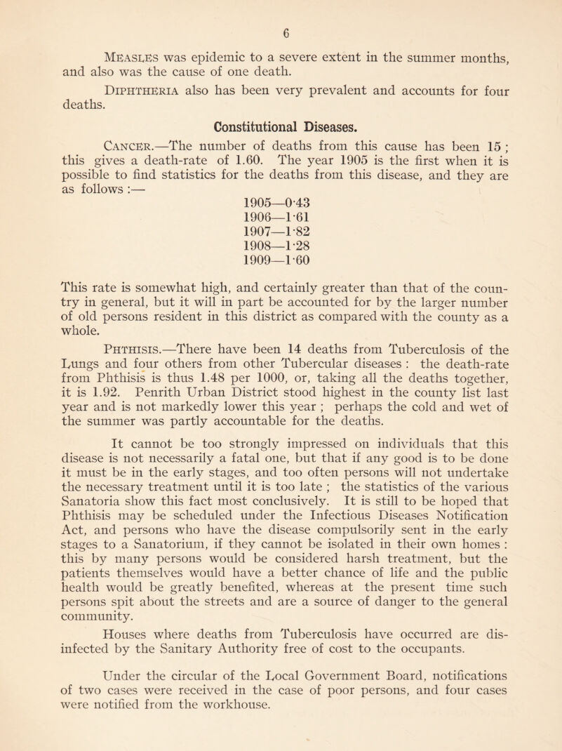 MeasIvKS was epidemic to a severe extent in the summer months, and also was the cause of one death. Diphtheria also has been very prevalent and accounts for four deaths. Constitutional Diseases. Cancer.—The number of deaths from this cause has been 15 ; this gives a death-rate of 1.60. The year 1905 is the first when it is possible to find statistics for the deaths from this disease, and they are as follows :— 1905— 0-43 1906— 1-61 1907— 1-82 1908— 1-28 1909— 1-60 This rate is somewhat high, and certainly greater than that of the coun¬ try in general, but it will in part be accounted for by the larger number of old persons resident in this district as compared with the county as a whole. Phthisis.—There have been 14 deaths from Tuberculosis of the Dungs and four others from other Tubercular diseases : the death-rate from Phthisis is thus 1.48 per 1000, or, taking all the deaths together, it is 1.92. Penrith Urban District stood highest in the county list last year and is not markedly lower this year ; perhaps the cold and wet of the summer was partly accountable for the deaths. It cannot be too strongly impressed on individuals that this disease is not necessarily a fatal one, but that if any good is to be done it must be in the early stages, and too often persons will not undertake the necessary treatment until it is too late ; the statistics of the various Sanatoria show this fact most conclusively. It is still to be hoped that Phthisis may be scheduled under the Infectious Diseases Notification Act, and persons who have the disease compulsorily sent in the early stages to a Sanatorium, if they cannot be isolated in their own homes : this by many persons would be considered harsh treatment, but the patients themselves would have a better chance of life and the public health would be greatly benefited, whereas at the present time such persons spit about the streets and are a source of danger to the general community. Houses where deaths from Tuberculosis have occurred are dis¬ infected by the Sanitary Authority free of cost to the occupants. Under the circular of the Local Government Board, notifications of two cases were received in the case of poor persons, and four cases were notified from the workhouse.