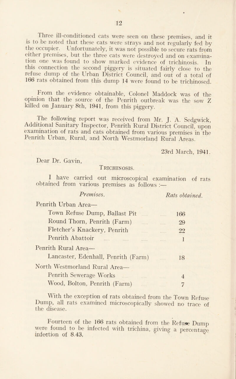 Three ill-conditioned cats were seen on these premises, and it is to be noted that these cats were strays and not regularly fed by the occupier. Unfortunately, it was not possible to secure rats from either premises, but the three cats were destroyed and on examina¬ tion one was found to show marked evidence of trichinosis. In this connection the second piggery is situated fairly close to the refuse dump of the Urban District Council, and out of a total of 166 rats obtained from this dump 14 were found to be trichinosed. From the evidence obtainable, Colonel Maddock was of the opinion that the source of the Penrith outbreak was the sow Z killed on January 8th, 1941, from this piggery. The following report was received from Mr. J. A. Sedgwick, Additional Sanitary Inspector, Penrith Rural District Council, upon examination of rats and cats obtained from various premises in the Penrith Urban, Rural, and North Westmorland Rural Areas. 23rd March, 1941. Dear Dr. Gavin, Trichinosis. I have carried out microscopical examination of rats obtained from various premises as follows :— Premises. Rats obtained. Penrith Urban Area— Town Refuse Dump, Ballast Pit 166 Round Thorn, Penrith (Farm) 29 Fletcher’s Knackery, Penrith 22 Penrith Abattoir 1 Penrith Rural Area— Lancaster, Edenhall, Penrith (Farm) 18 North Westmorland Rural Area— Penrith Sewerage Works 4 Wood, Bolton, Penrith (Farm) 7 With the exception of rats obtained from the Town Refuse Dump, all rats examined microscopically showed no trace of the disease. Fourteen of the 166 rats obtained from the Refuse Dump were found to be infected with trichina, giving a percentage infection of 8.43.