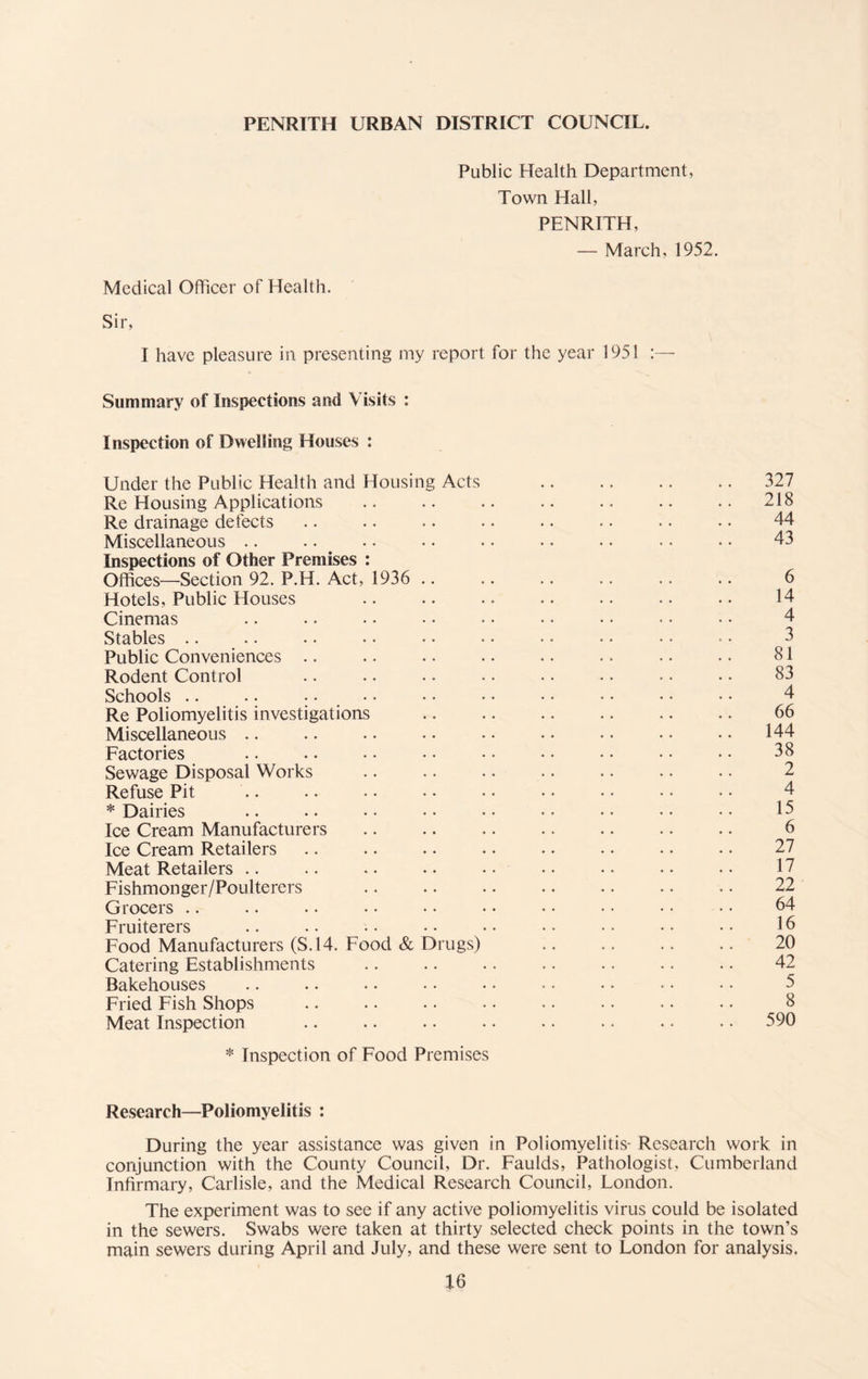 PENRITH URBAN DISTRICT COUNCIL. Public Health Department, Town Hall, PENRITH, — March, 1952. Medical Officer of Health. I have pleasure in presenting my report for the year 1951 Summary of Inspections and Visits : Inspection of Dwelling Houses ; Under the Public Health and Housing Acts .. .. .. .. 327 Re Housing Applications .. .. .. .. .. .. .. 218 Re drainage defects .. •. . • • • •. . • •. • • 44 Miscellaneous .. .. ^ •. • • • • • • • • • • • • 43 Inspections of Other Premises : Offices—Section 92. P.H. Act, 1936 .. .. .. .. .. .. 6 Hotels, Public Houses . .. •. 14 Cinemas .. •. • • • • • • • • • ■ • • • • 4 Stables .. .. • • • • • • • • • • • • • • • • 3 Public Conveniences .. .. .. .. .. • • • • • • 81 Rodent Control .. • • • • • • • • • • • • • • 83 Schools .. .. .. • • • • • • • • • • • • • • 4 Re Poliomyelitis investigations .. .. .. . 66 Miscellaneous .. .. .. • • • • . • . • • • • • 144 Factories .. .. • • • • • • • • • • • • • • 38 Sewage Disposal Works .. .. .. .. .. • • • • 2 Refuse Pit .. .. • • • • • • • • • • • • • • 4 * Dairies .. .. • • • • • • • • • • • • • • 15 Ice Cream Manufacturers .. .. .. .. .. .. .. 6 Ice Cream Retailers .. .. .. .. .. . • • • • • 27 Meat Retailers .. .. • • • • • • • • • • • • • • 17 Fishmonger/Poulterers .. .. .. .. •. • • • • 22 Grocers .. .. • • • • • • • • • • • • • • • • 64 Fruiterers .. .. •• •• •• •• •• •• •• 16 Food Manufacturers (S.14. Food & Drugs) .. .. .. .. 20 Catering Establishments .. .. .. .. .. .. .. 42 Bakehouses .. .. • • • • • • • • • • ■ • • • 5 Fried Fish Shops .. .. .. • • • • • • • • • • 8 Meat Inspection .. .. .. . • • • • • • • • • 590 * Inspection of Food Premises Research—Poliomyelitis : During the year assistance was given in Poliomyelitis- Research work in conjunction with the County Council, Dr. Faulds, Pathologist, Cumberland Infirmary, Carlisle, and the Medical Research Council, London. The experiment was to see if any active poliomyelitis virus could be isolated in the sewers. Swabs were taken at thirty selected check points in the town’s main sewers during April and July, and these were sent to London for analysis.