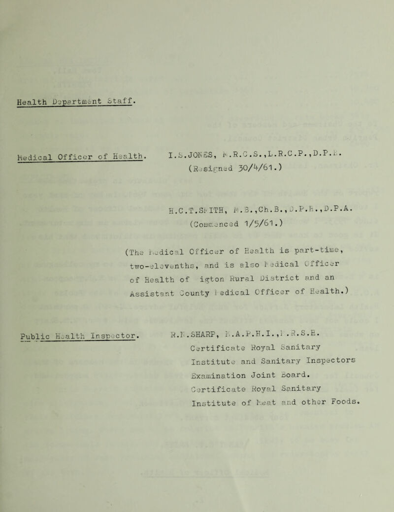 Health JJopartm&nt Staff. hedical Public Officer of Health. I. b. JOKES, i^.R.G.S. ,L.R.C.P. ,D.P.b. (Resigned H.C.T.Si''ITH, Pi.3. ,Ch.B., J.P.h. ,D.P.A. (Gouic-enced 1/5/61.) (The r.edical Officer of Health is part-time, two-elevenths, and is also 1' edical Officer of Health of igton Rural District and an Assistant Gounty 1 edical Officer of Health.) Health inspector. R.l.SHARP, ij.A.P.H.I.,I .R.S.H. Gertificate Royal Sanitary Institute and Sanitary Inspectors Sxa^mination Joint Boa.rd. Gertificate Royal Sanitary Institute of Heat and other Foods.