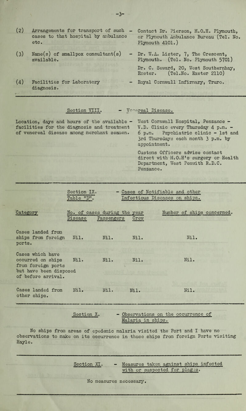 -3- (2) Arrangements for transport of such cases to that hospital by ambulance etc. (3) Name(s) of smallpox consultant(s) available. (4) Facilities for Laboratory diagnosis. Contact Dr. Pierson, M.O.H. Plymouth, or Plymouth Ambulance Bureau (Tel. No. Plymouth 4101.) Dr. W.A. Lister, 7j The Crescent, Plymouth. (Tel. No. Plymouth 5701) Dr. C. Seward, 20, West Southernhay, Exeter. (Tel.No. Exeter 2110) Royal Cornwall Infirmary, Truro. Section VIII. - Vo^ereal Disease. Location, days and hours of the available - West Cornwall Hospital, Penzance - facilities for the diagnosis and treatment V.D. Clinic every Thursday 4 p.m. - of venereal disease among merchant seamen. 6 p.m. Psychiatric clinic - 1st and 3rd Thursdays each month 3 p.m. by appointment, Customs Officers advise contact direct with M.O.H’s surgery or Health Department, West Penwith R.D.C. Penzance. Section IX. - Cases of Notifiable and other Table D”. Infectious Diseases on ships. Category No. of cases during the year Number of ships concerned. Disease Passengers Crew Cases landed from ships from foreign Nil. Nil. Nil. Nil. ports. Cases which have occurred on ships Nil. Nil. Nil. Nil. from foreign ports but have been disposed of before arrival. Cases landed from Nil. Nil. Nil. Nil. other ships. Section X. - Observations on the occurrence of Malaria in ships. No ships from areas of epedemic malaria visited the Port and I have no observations to make on its occurrence in those ships from foreign Ports visiting Hayle. Section XI. - Measures taken against ships infected with or suspected for plague. No measures necessary