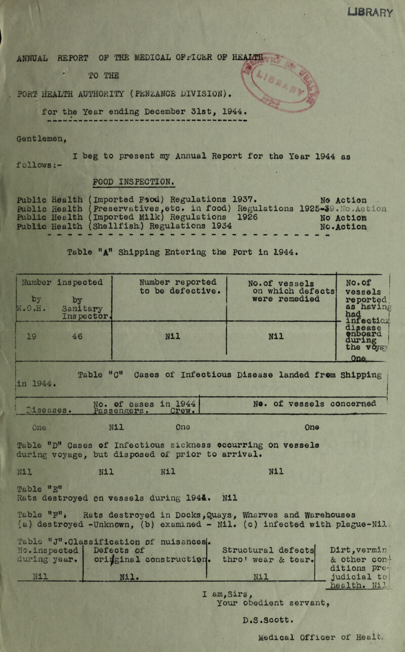 library ANNUAL REPORT OP THE MEDICAL OPrICER OP HEALTH^ “»• TO THE PORT HEALTH AUTHORITY (PENZANCE DIVISION), for the Year ending December 31st, 1944, Gentlemen, I beg to present my Annual Report for the Year 1944 as follov/s:- FOOD INSPECTION, Public Health (imported Fi)od) Regulations 1937, N© Action Public Health f Preservatives,etc, in food) Piegulations 1925-39.No .Action Public Health (Imported Milk) Regulations 1926 No Action Public Health (Shellfish.) Regulations 1934 No,Action Table A Shipping Entering the Port in 1944, Number inspected by M.O.H. Sanitary Ins pector, Number reported to be defective. No.of vessels on which defects were remedied i 19 46 Nil Nil NO.or ! vessels i reported; as having had T infecticui! disease I Snboard uring I the in 1944. Table C Cases of Infe ctious Disease landed from Shipping I ‘isoases. No, of cases in 1944 Passengers. Crew. No. of vessels concerned One Nil One One Table ”D Cases of Infectious sickness occurring on vessels during voyage, but disposed of prior to arrival. Nil Nil Nil Nil Table E Rats destroyed on vessels during 1944. Nil Table Rats destroyed in Docks,Q,uaya, Vi/harves and Warehouses (a) destroyed -Unknown, (b) examined - Nil. (c) infected with plague-Nil.. Table .Classification of nuisances • No,inspected Defects of Structural defects Dirt,vermin' during year. orirj(ginal construction . thro» v/ear & tear. &, other con4 ditions prel Nil Nil. Nil .iudicial toj health. Nil • I am,Sirs, Your obedient servant, D.S .Scott. Medical Officer of He a it;