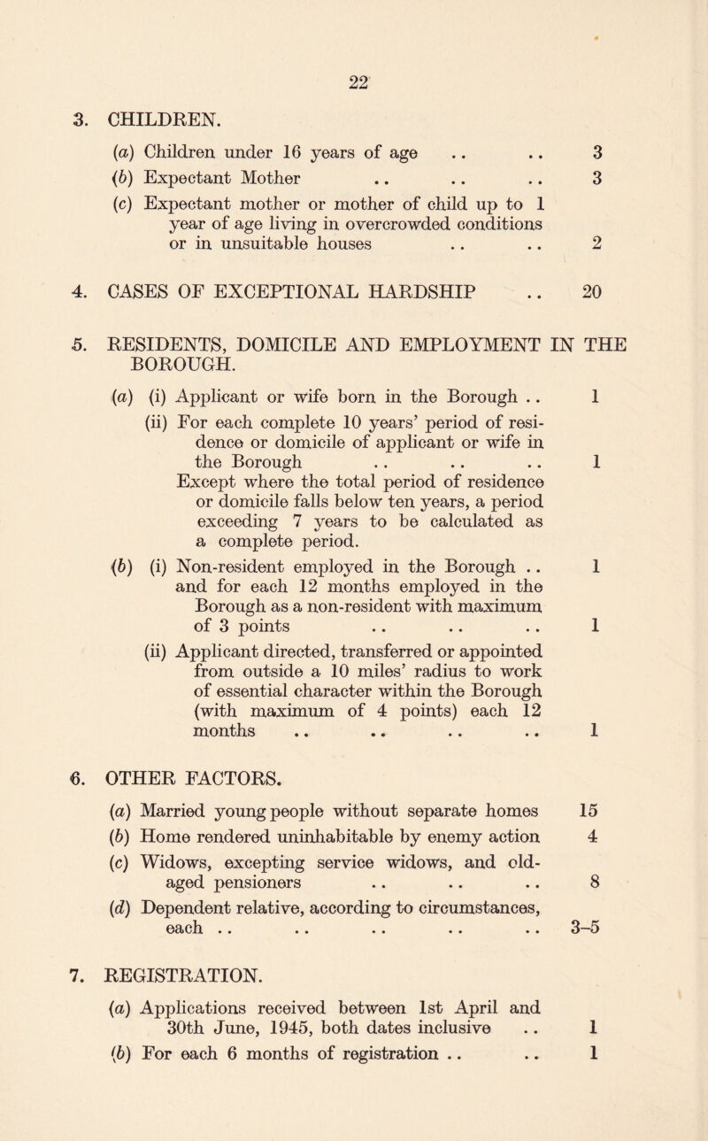 3. CHILDREN. (а) Children under 16 years of age .. .. 3 (б) Expectant Mother .. .. .. 3 (c) Expectant mother or mother of child up to 1 year of age living in overcrowded conditions or in unsuitable houses .. .. 2 4. CASES OF EXCEPTIONAL HARDSHIP .. 20 5. RESIDENTS, DOMICILE AND EMPLOYMENT IN THE BOROUGH. (а) (i) Applicant or wife born in the Borough .. 1 (ii) For each complete 10 years’ period of resi¬ dence or domicile of applicant or wife in the Borough .. .. .. 1 Except where the total period of residence or domicile falls below ten years, a period exceeding 7 years to be calculated as a complete period. (б) (i) Non-resident employed in the Borough .. 1 and for each 12 months employed in the Borough as a non-resident with maximum of 3 points .. .. .. 1 (ii) Applicant directed, transferred or appointed from outside a 10 miles’ radius to work of essential character within the Borough (with maximum of 4 points) each 12 months .. .. .. .. 1 6. OTHER FACTORS. (а) Married young people without separate homes 15 (б) Home rendered uninhabitable by enemy action 4 (c) Widows, excepting service widows, and old- aged pensioners .. .. .. 8 (d) Dependent relative, according to circumstances, each .. .. .. .. •» 3 5 7. REGISTRATION. (а) Applications received between 1st April and 30th June, 1945, both dates inclusive .. 1 (б) For each 6 months of registration .. .. 1