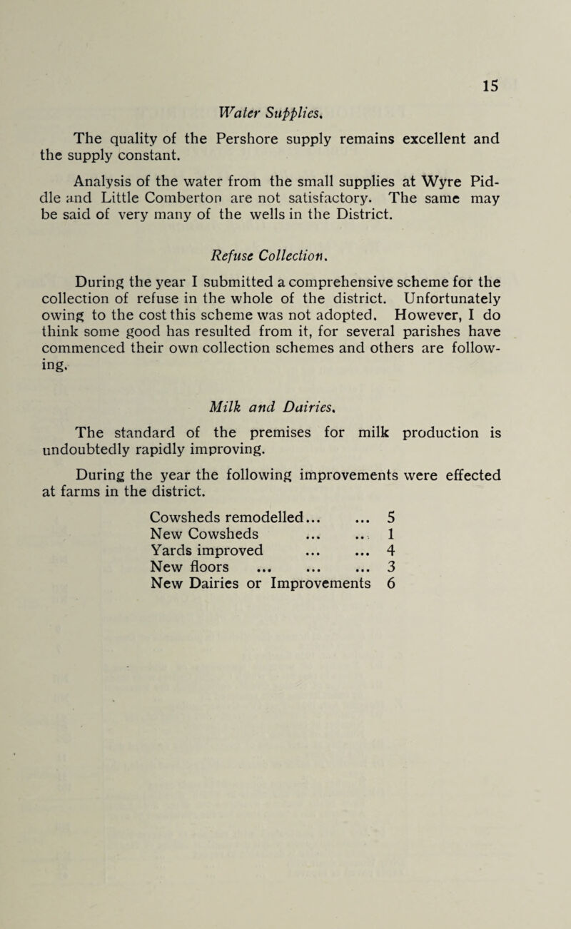 Water Supplies, The quality of the Pershore supply remains excellent and the supply constant. Analysis of the water from the small supplies at Wyre Pid¬ dle and Little Comberton are not satisfactory. The same may be said of very many of the wells in the District. Refuse Collection. During the year I submitted a comprehensive scheme for the collection of refuse in the whole of the district. Unfortunately owing to the cost this scheme was not adopted. However, I do think some good has resulted from it, for several parishes have commenced their own collection schemes and others are follow¬ ing. Milk and Dairies. The standard of the premises for milk production is undoubtedly rapidly improving. During the year the following improvements were effected at farms in the district. Cowsheds remodelled... ... 5 New Cowsheds ... .. 1 Yards improved ... ... 4 New floors ... ... ... 3 New Dairies or Improvements 6