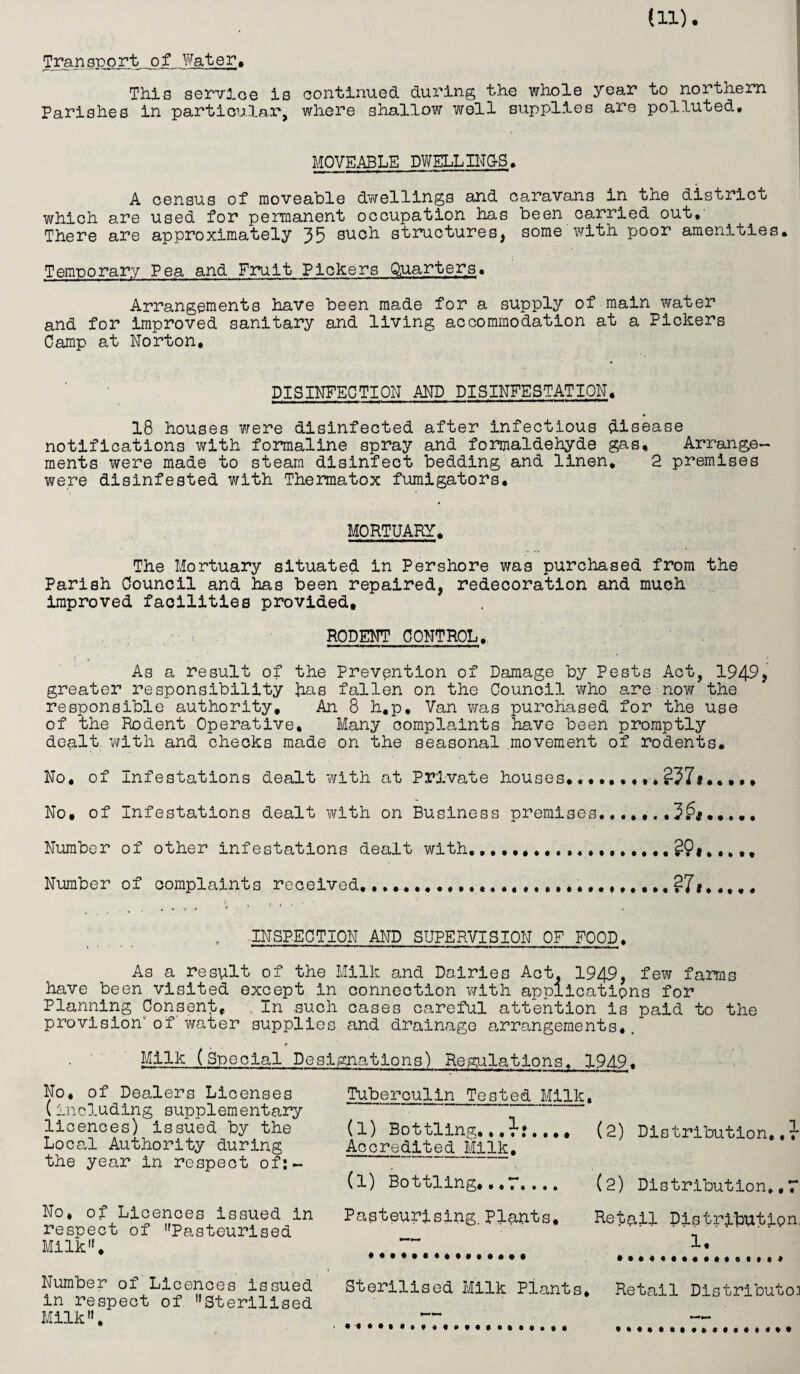Transport of Water, This service is continued during the whole year to northern Parishes in particular, where shallow well supplies are polluted. MOVEABLE DWELLINGS. A census of moveable dwellings and ca.ravans in the district which are used for permanent occupation has been carried out. There are approximately 35 such structures, some with poor amenities. Temporary Pea and Fruit Pickers Quarters• Arrangements have been made for a supply of main water and for improved sanitary and living accommodation at a Pickers Camp at Norton, DISINFECTION AND DISINFESTATION. 18 houses were disinfected after infectious disease notifications with formaline spray and formaldehyde gas. Arrange¬ ments were made to steam disinfect bedding and linen, 2 premises were disinfested with Thermatox fumigators. MORTUARY. The Mortuary situated in Pershore was purchased from the Parish Council and has been repaired, redecoration and much improved facilities provided, RODENT CONTROL. As a result of the Prevention of Damage by Pests Act, 1949, greater responsibility Jias fallen on the Council who are now the responsible authority. An 8 h,p. Van was purchased for the use of the Rodent Operative, Many complaints have been promptly dealt with and checks made on the seasonal movement of rodents. No. of infestations dealt with at Private houses... ..237,. No, of Infestations dealt with on Business premises............ Number of other infestations dealt with,?9# Number of complaints received,.... ?7,. . . „ V . > r • • • • INSPECTION AND SUPERVISION OF FOOD. As a result of the Milk and Dairies Act, 1949, few farms have been visited except in connection with applications for Planning Consent, In such cases careful attention is paid to the provision'of water supplies and drainage arrangements,. Milk (Special Designations) Regulations, 1949. Tuberculin Tested Milk, (1) Bottling...?*:..., (2) Distribution. ,?* Acoredlted Milk. (1) Bottling...7.... (2) Distribution.. 7 Pasteurising. Plants. Retail Distribution, 1. Sterilised Milk Plants, Retail Distribute No, of Dealers Licenses (including supplementary licences) issued by the Local Authority during the year in respect of:- No, of Licences issued in respect of Pasteurised Milk, Number of Licences issued in respect of Sterilised Milk
