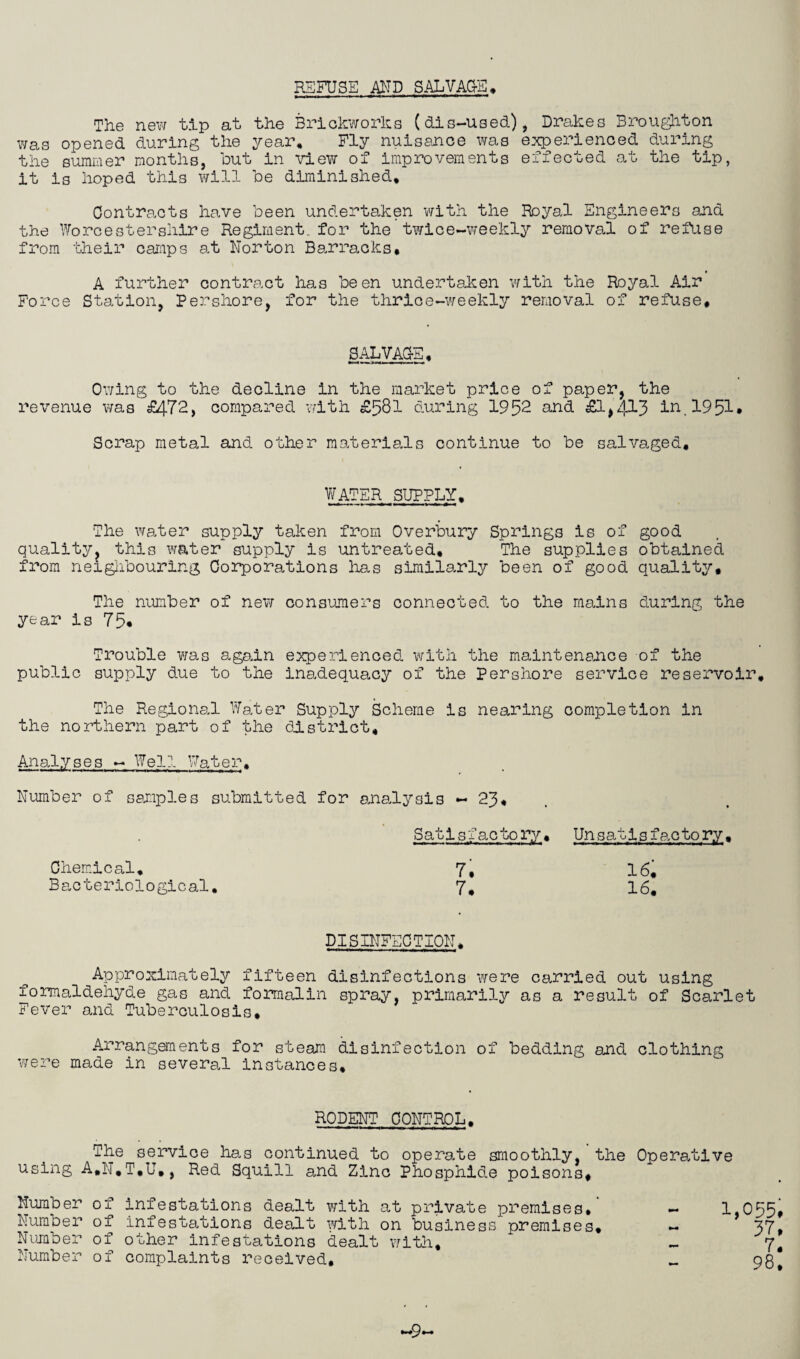REFUSE AMD SALVAGE. The new tip at the Brickworks (dis-used), Drakes Broughton was opened during the year. Fly nuisance was experienced during the summer months, but in view of improvements effected at the tip, it is hoped this will be diminished. Contracts have been undertaken with the Royal Engineers and the Worcestershire Regiment, for the twice-weekly removal of refuse from their camps at Norton Barracks* A further contract has been undertaken with the Royal Air Force Station, Pershore, for the thrice-weekly removal of refuse. SALVAGE* Owing to the decline in the market price of paper, the revenue was £472, compared with £581 during 1952 and £1,43-3 in. 1951* Scrap metal and other materials continue to be salvaged. WATER SUPPLY, The water supply taken from Overbury Springs is of good quality? this water supply is untreated. The supplies obtained from neighbouring Corporations has similarly been of good quality. The number of new consumers connected to the mains during the year is 75* Trouble was again experienced with the maintenance of the public supply due to the inadequacy of the Pershore service reservoir. The Regional Water Supply Scheme is nearing completion in the northern part of the district. Analyses - Well Water, Number of samples submitted for analysis - 23* Satisfactory, Un s atis facto ry, Chemical, 7, 16, Bacteriological, 7, 16, DISINFECTION, Approximately fifteen disinfections were carried out using formaldehyde gas and formalin spray, primarily as a result of Scarlet Fever and Tuberculosis, Arrangements for steam disinfection of bedding and clothing were made in several instances. RODENT CONTROL. The service has continued to operate smoothly, the Operative using A,N,T,U,, Red Squill and Zinc Phosphide poisons. Number of infestations dealt with at private premises.' Number of infestations dealt with on business premises. Number of other infestations dealt with. Number of complaints received. 1,055 37 7 98