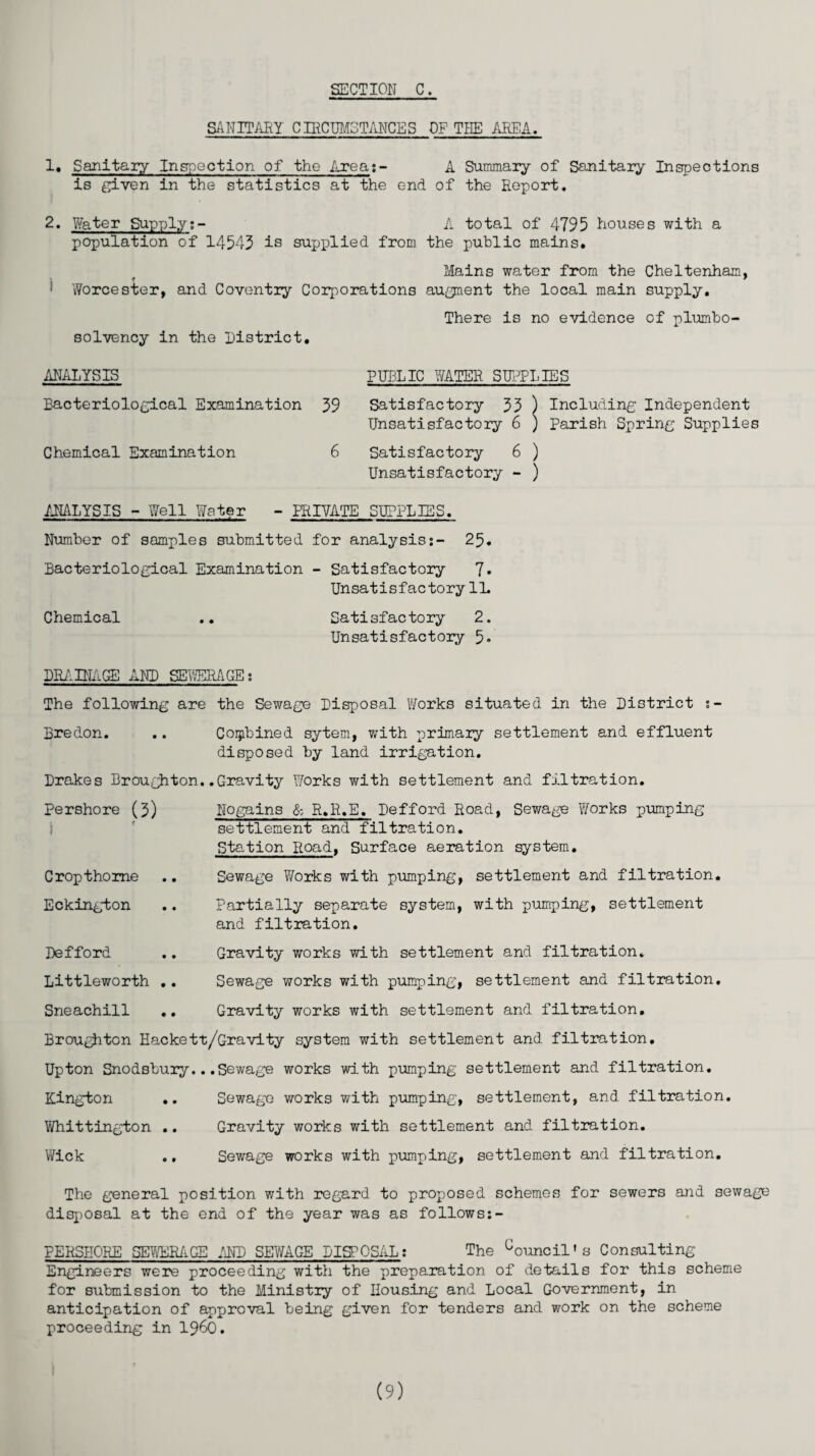 SANITARY CIRCUMSTANCES OP THE AREA. 1. Sanitary Inspection of the Area:- A Summary of Sanitary Inspections is given in the statistics at the end of the Report. 2. Water Supply;- A total of 4795 houses with a population of 14545 is supplied from the public mains. Mains water from the Cheltenham, Worcester, and Coventry Corporations augment the local main supply. There is no evidence of plumbo- solvency in the District. ANALYSIS PUBLIC WATER SUPPLIES Bacteriological Examination 39 Chemical Examination 6 Satisfactory 35 ) Including Independent Unsatisfactory 6 ) Parish Spring Supplies Satisfactory 6 ) Unsatisfactory - ) ANALYSIS - Well Water - PRIVATE SUPPLIES. Number of samples submitted for analysis:- 25. Bacteriological Examination - Satisfactory 7* Unsatisfactory 1L Chemical .. Satisfactory 2. Unsatisfactory 5» DRAINAGE AND SEWERAGE: The following are the Sewage Disposal Works situated in the District s- Bredon. .. Combined sytem, with primary settlement and effluent disposed by land irrigation. Drakes Broughton..Gravity Works with settlement and filtration. pershore (3) Nogains & R.R.E. Befford Road, Sewage Works pumping settlement and filtration. Station Road, Surface aeration system. .. Sewage Works with pumping, settlement and filtration. Cropthome Eckington Partially separate system, with pumping, settlement and filtration. Defford Littleworth Sneachill , Gravity works with settlement and filtration. , Sewage works with pumping, settlement and filtration. , Gravity works with settlement and filtration. Broughton Hackett/Gravity system with settlement and filtration. Upton Snodsbury...Sewage works with pumping settlement and filtration. Kington .. Sewage works with pumping, settlement, and filtration. Whittington .. Gravity works with settlement and filtration. Wick .. Sewage works with pumping, settlement and filtration. The general position with regard to proposed schemes for sewers and sewage disposal at the end of the year was as follows:- PERSEORE SEWERAGE AND SEWAGE DISPOSAL: The Gouncil's Consulting Engineers were proceeding with the preparation of details for this scheme for submission to the Ministry of Housing and Local Government, in anticipation of approval being given for tenders and work on the scheme proceeding in i960.