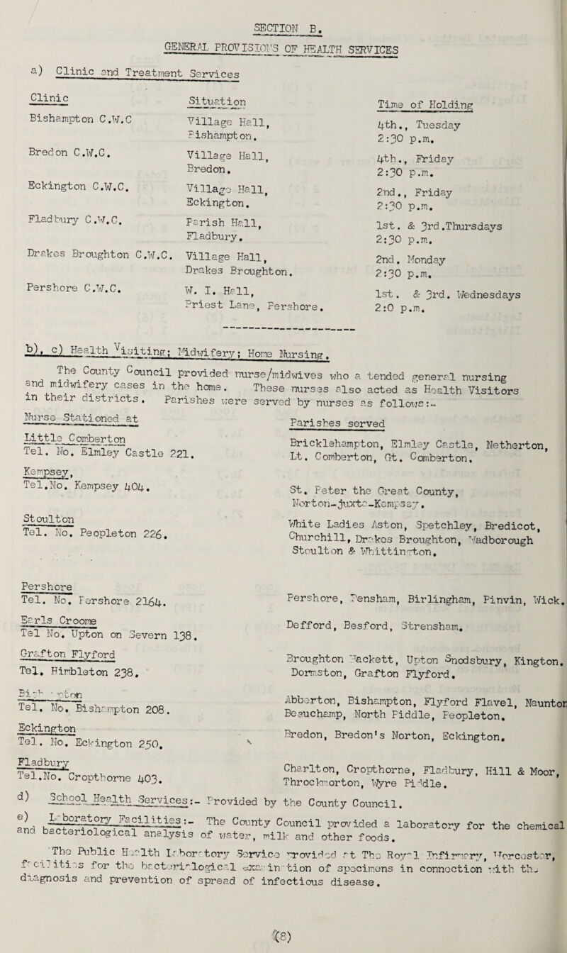 GENERAL PROVISIONS OF HEALTH SERVICES a) Clinic and Treatmei Clinic Bishampton C.W.C Bredon C.W.C. Eckington C.W.C. Fladbury C.W.C. Drakes Broughton C.W.C. Pershore C.W.C. Services Situation Village Hall, Bishampton, Village Hall, Bredon. Village Hall Eckington. Parish Hall, Fladbury. Village Hall, Drakes Broughton. W. I. Hall, driest Lane, Pershore. Time of Holding 4th., Tuesday 2:30 p.m. 4th., Friday 2:30 p.m. 2nd,, Friday 2:30 p.m. 1st. & 3rd.Thursdays 2:30 p.m. 2nd. Monday 2:30 p.m. 1st. & 3rd. Wednesdays 2:0 p.m. a. i^iting; LTidwifery; Home Nursing. The. County Council provided nurse/midwives who a tended general nursing ?n midwifery cases in the home. These nurses also acted as Health Visitors m their districts. Parishes were served by nurses as follows Nurse Stationed at Little_ Comber ton Tel. No. Elmley Castle 221. Kempsey, Tel.No. Kempsey 4O4, Stoulton Tel. No. Peopleton 226. Parishes served Bricklehampton, Elmley Castle, Netherton, Lt. Comberton, Gt. Comber ton. St. Peter the Great County, Nor t on- juxta -Kemps 37. White Ladies Aston, Spetchley, Bredicot, Churchill, Drakes Broughton, Wadborough Stoulton $• Whittington, Pershore Tel. No. Fershore 2164. Earls Croome Tel No. Upton on Severn 138. Grafton Flyford Tel, Himbleton 238. Pershore, Lensham, Birlingham, Pinvin, Wick. Defford, Besford, Strensham. Broughton Hackett, Upton Snodsbury, Kington. Dormston, Grafton Flyford. Ei?’u - -'-~:ton Tel. No. Bishampton 208. Eckington Tel. No. Eckington 250. Abborton, Bishampton, Flyford Flavel, Nauntor Beauchamp, North Piddle, Feopleton. Bredon, Bredon1s Norton, Eckington. Fladbury Tel,No. Croptborne 403. School Health Services:- Provided by Charlton, Cropthorne, Fladbury, Hill & Moor, Throckmorton, Vtyre Pi-'die. the County Council. e) and laboratory Fa bacteriologica The County Council provided a laboratory for the chemical 1 analysis of water, milk and other foods. The Public H a 1th laboratory Service rrovided rt The Roy 1 Infirmerv, ^Worcester, f ci. iti .s for the bacteriological intion of specimens in connection with tli- diagnosis and prevention of spread of infectious disease.