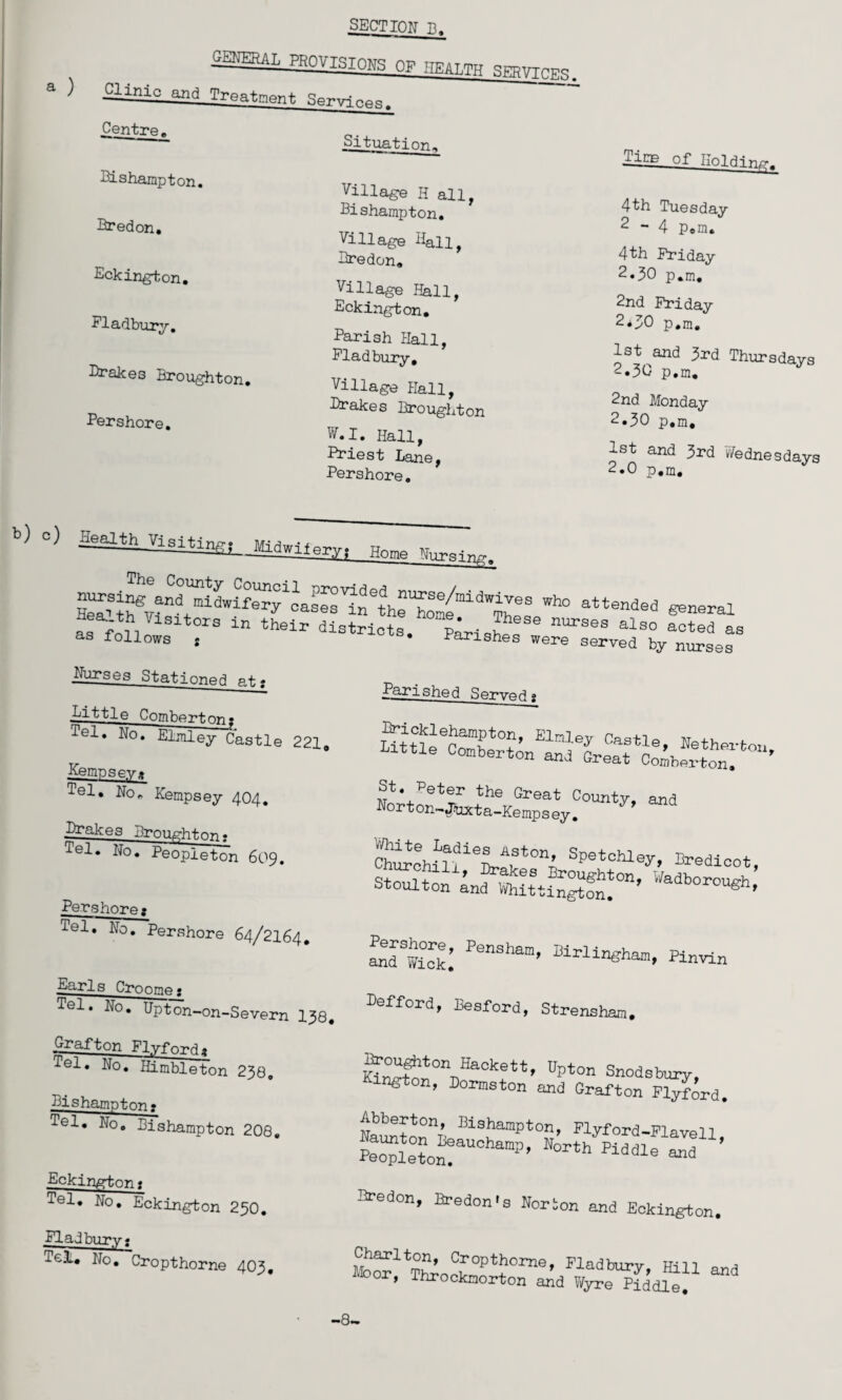 SECTION B. Centre, Situation, Bishampton. Bredon. Eckington. Fladbury. ^ake3 Broughton Pershore. Village H all, Bishampton. Village Han> Bredon. Village Hall, Eckington. Parish Hall, Fladbury, Village Hall, Brakes Broughton W.I. Hall, Priest Lane, Pershore. TirrE of Holding. 4th Tuesday 2 - 4 p.m. 4th Friday 2«30 p.m. 2nd Friday 2»30 p.m. 1st and 3rd Thursdays 2.30 p.m. 2nd Monday 2.30 p.m. 1st and 3rd Wednesdays 2.0 p.m. b) 0) Home B„r.w HSt^rndtmidWifery =a^'inethe’honemldWTheS Wh° attended general Nurses Stationed at? Little Combertnn. Pel. No. Elmley Castle 221, Kempseya Pel. No. Kempsey 404. Brakes Broughton. Pel. No. Peopleton 609. Pershorea Tel. No. Pershore 64/2164. Earls Cropme? Tel. No. Upton-on-Severn 138, Grafton FlyfT Tel. No. Himbleton 23Q. Bishampton? Pel. No. Bishampton 208. Eckin^rtor. t Pel. No. Eckington 250. Fla d bury • Tel. No. Cropthorne 403, Parished Served g S'*Petf the Gl*eat County, and Norton-Jtota-Kempsey. WhiteLadies Aston, Spetchley, Bredicot Pershore, Pensham, and Wick. Birlingham, Pinvin Befford, Besford, Strensham. Broughton Hackett Kington, Dormston j Upton Snodsbury, and Grafton Flyford. Abberton, Bishampton, Flyford F3«von Pe”leto^aUOhamP’ N°rth Jf’ Bredon, Bredon1s Nort on and Eckington. MoSltT?;o°rPt!10rne’ Plad»»ry, Hill and -oor, Throckmorton and Wyre Piddle. -8-