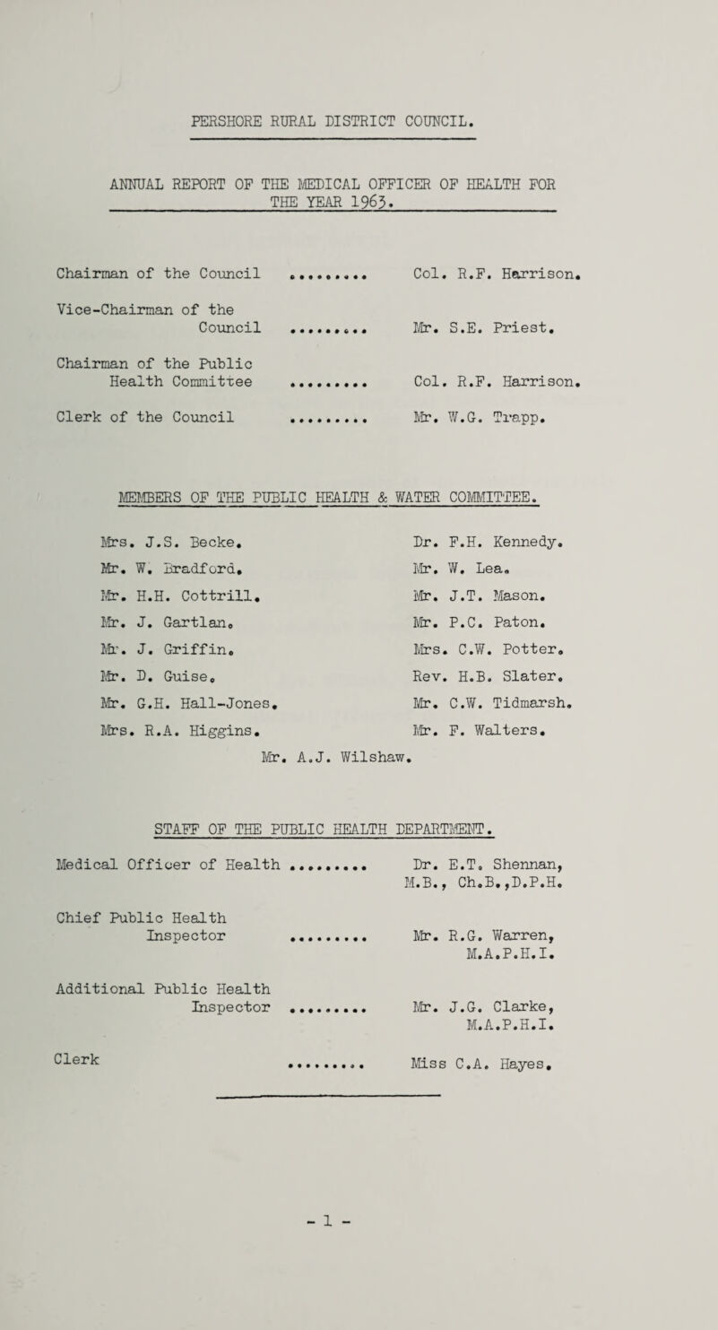 ANNUAL REPORT OP THE MEDICAL OFFICER OF HEALTH FOR THE YEAR 1963. Chairman of the Council . Col. R.F. Harrison Vice-Chairman of the Council .. Mr. S.E. Priest. Chairman of the Public Health Committee ......... Col. R.F. Harrison Clerk of the Council . Mr. W.G. Trapp. MEMBERS OF THE PUBLIC HEALTH & WATER COMMITTEE. Mrs . J.S. Becke. Dr. F.H. Kennedy. Mr. W. Bradford. Mr. W. Lea. Mr. H.H. Cottrill. Mr. J.T. Mason. Mr. J. GartIan. Mr. P.C. Paton. Mr. J. Griffin. Mrs . C.W. Potter. Mr. D. Guise 0 Rev . H.B. Slater. Mr. G.H. Hall-Jones. Mr. C.W. Tidmarsh Mrs . R.A. Higgins. Mr. F. Walters. Mr. A.J. Wilshaw. STAFF OF THE PUBLIC HEALTH DEPARTMENT. Medical Officer of Health ......... Dr. E.T, Shennan, M.B., Ch.B.,D.P.H. Chief Public Health Inspector . Mr. R.G. Warren, M.A.P.H. I. Additional Public Health Inspector Mr. J.G. Clarke, M.A.P.H.I. Clerk Miss C.A. Hayes