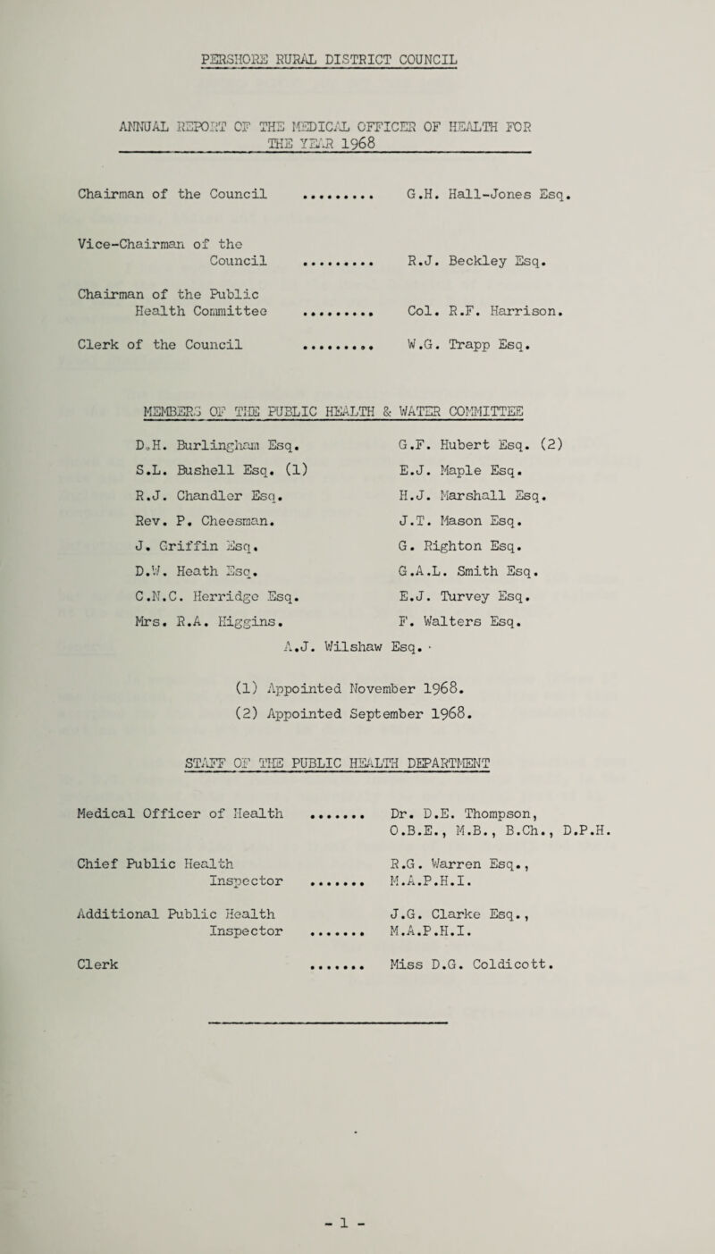 ANNUAL REPORT OF THE MEDICAL OFFICER OF HEALTH FOR THE YEAR 1968 Chairman of the Council . G.H. Hall-Jones Esq. Vice-Chairman of the Council .. R.J. Beckley Esq. Chairman of the Public Health Committee . Col. R.F. Harrison. Clerk of the Council . W.G. Trapp Esq. MEMBERS OF THE PUBLIC HEALTH & WATER COMMITTEE D• H. Burlingham Es q. S.L. Bushell Esq. (l) R.J. Chandler Esq. Rev. P. Cheesman. J. Griffin Esq. D.W. Heath Esq. C.N.C. Herridgo Esq. Mrs. R.A. Higgins. A.J. G. F. Hubert Esq. (2) E.J. Maple Esq. H. J. Marshall Esq. J.T. Mason Esq. G. Righton Esq. G.A.L. Smith Esq. E. J. Turvey Esq. F. Walters Esq. Wilshaw Esq. • (1) Appointed November 1968. (2) Appointed September 1968. STAFF OF THE PUBLIC HEALTH DEPARTMENT Medical Officer of Health Chief Public Health Inspector Additional Public Health Inspector Dr. D.E. Thompson, O.B.E., M.B., B.Ch., D.P.H R.G. Warren Esq., M.A.P.H.I. J.G. Clarke Esq., M.A.P.H.I. - 1 - Clerk Miss D.G. Coldicott