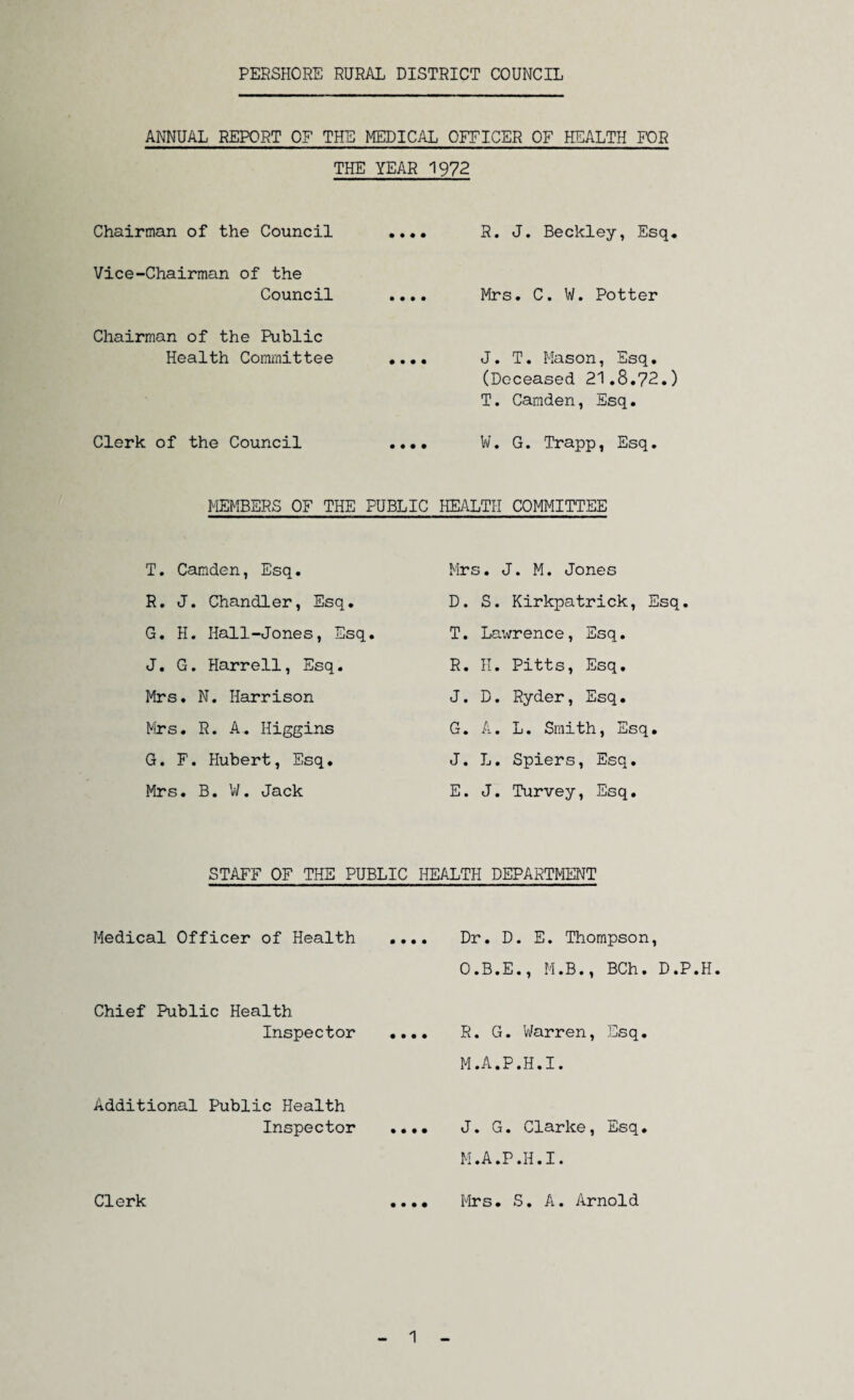 ANNUAL REPORT OF THE MEDICAL OFFICER OF HEALTH FOR THE YEAR 1972 Chairman of the Council Vice-Chairman of the Council Chairman of the Public Health Committee Clerk of the Council R. J. Beckley, Esq. Mrs. C. W. Potter J. T. Mason, Esq. (Deceased 21.8.72.) T. Camden, Esq. IV. G. Trapp, Esq. MEMBERS OF THE PUBLIC HEALTH COMMITTEE T. Camden, Esq. R. J. Chandler, Esq. G. H. Hall-Jones, Esq. J. G. Harrell, Esq. Mrs. N. Harrison Mrs. R. A. Higgins G. F. Hubert, Esq. Mrs. B. W. Jack Mrs. J. M. Jones D. S. Kirkpatrick, Esq. T. Lawrence, Esq. R. H. Pitts, Esq. J. D. Ryder, Esq. G. A. L. Smith, Esq. J. L. Spiers, Esq. E. J. Turvey, Esq. STAFF OF THE PUBLIC HEALTH DEPARTMENT Medical Officer of Health .... Dr. D. E. Thompson, O.B.E., M.B., BCh. D.P.H. Chief Public Health Inspector .... R. G. Warren, Esq. M.A.P.H.I. Additional Public Health Inspector .... J. G. Clarke, Esq. M.A.P.H.I. Clerk • • • • Mrs. S. A. Arnold