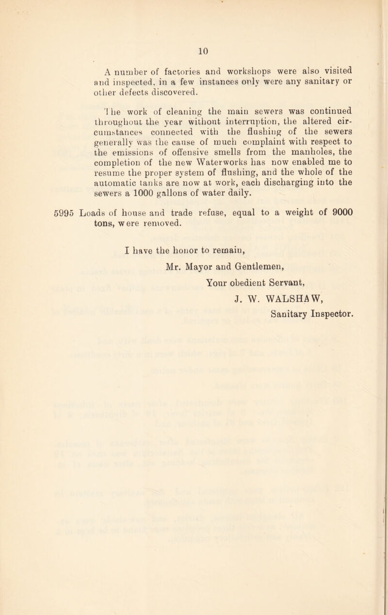 A number of factories and workshops were also visited and inspected, in a few instances only were any sanitary or other defects discovered. '1 he work of cleaning the main sewers was continued throughout the year without interruption, the altered cir¬ cumstances connected with the flashing of the sewers generally was the cause of much complaint with respect to the emissions of offensive smells from the manholes, the completion of the new Waterworks has now enabled me to resume the proper system of flushing, and the whole of the automatic tanks are now at work, each discharging into the sewers a 1000 gallons of water daily. 5995 Loads of house and trade refuse, equal to a weight of 9000 tons, were removed. I have the honor to remain, Mr. Mayor and Gentlemen, Your obedient Servant, J. W. WALSHAW, Sanitary Inspector.