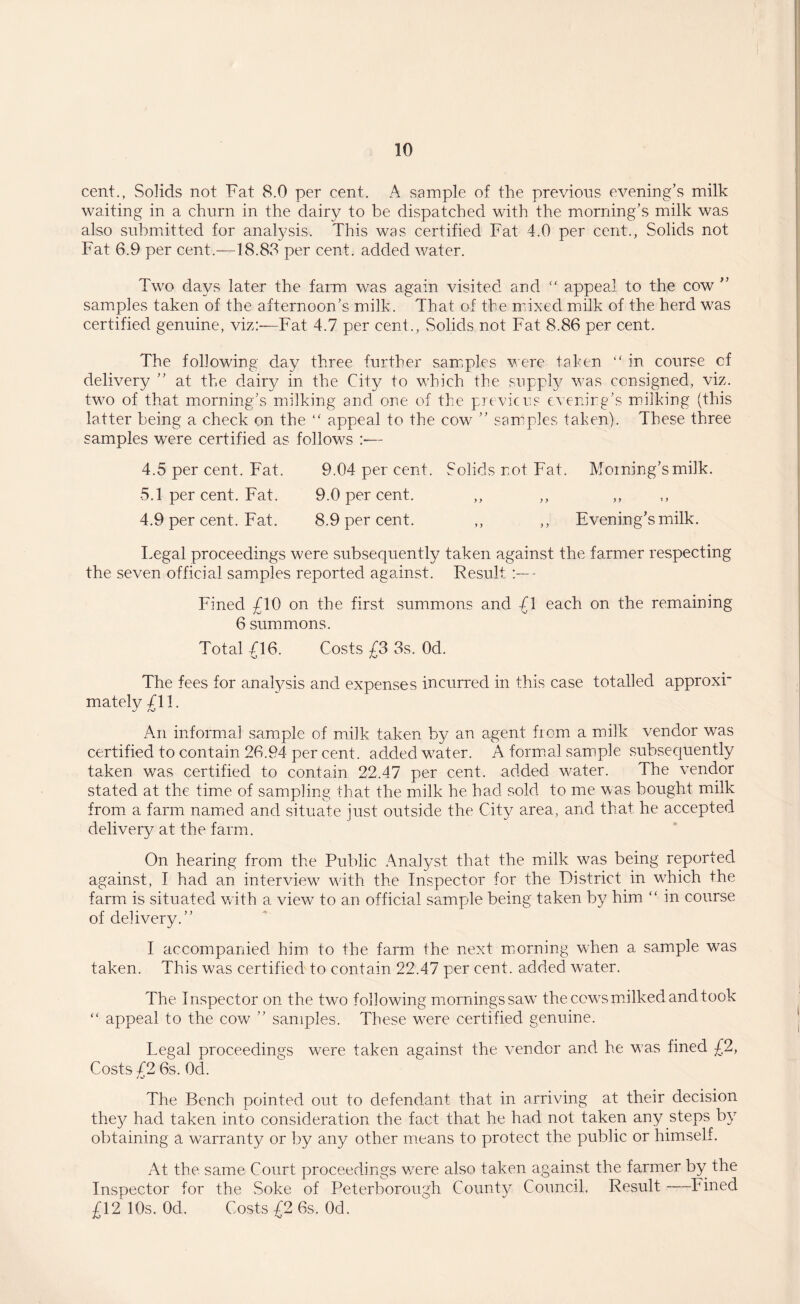 cent., Solids not Fat 8.0 per cent. A sample of the previous evening’s milk waiting in a churn in the dairy to he dispatched with the morning’s milk was also submitted for analysis. This was certified Fat 4.0 per cent., Solids not Fat 6.9 per cent.—18.83 per cent, added water. Two days later the farm was again visited and  appeal to the cow ” samples taken of the afternoon’s milk. That of the mixed milk of the herd was certified genuine, viz:—Fat 4.7 per cent., Solids not Fat 8.86 per cent. The following day three further samples were tahen “ in course of delivery ” at the dairy in the City to which the supply was consigned, viz. two of that morning’s milking and one of the previous evening's milking (this latter being a check on the “ appeal to the cow ” samples taken). These three samples were certified as follows — 4.5 per cent. Fat. 9.04 per cent. Solids not Fat. Morning’s milk. 5.1 per cent. Fat. 9.0 per cent. ,, ,, ,, 4.9 per cent. Fat. 8.9 per cent. ,, ,, Evening’s milk. Legal proceedings were subsequently taken against the farmer respecting the seven official samples reported against. Result Fined £10 on the first summons and £1 each on the remaining 6 summons. Total £16. Costs £3 3s. Od. The fees for analysis and expenses incurred in this case totalled approxi mately £11. An informal sample of milk taken by an agent from a milk vendor was certified to contain 26.94 per cent, added water. A formal sample subsequently taken w7as certified to contain 22.47 per cent, added water. The vendor stated at the time of sampling that the milk he had sold to me was bought milk from a farm named and situate just outside the City area, and that he accepted delivery at the farm. On hearing from the Public Analyst that the milk was being reported against, I had an interview7 wdth the Inspector for the District in vrhich the farm is situated with a view to an official sample being taken by him “ in course of delivery.” I accompanied him to the farm the next morning when a sample was taken. This was certified to contain 22.47 per cent, added water. The Inspector on the two following mornings saw the ccw7s milked and took “ appeal to the cow ” samples. These w7ere certified genuine. Legal proceedings were taken against the vendor and he w’as fined £2, Costs C2 6s. Od. /o The Bench pointed out to defendant that in arriving at their decision they had taken into consideration the fact that he had not taken any steps by obtaining a warranty or by any other means to protect the public or himself. At the same Court proceedings wrere also taken against the farmer by the Inspector for the Soke of Peterborough County Council, Result —Fined £12 10s. Od. Costs £2 6s. Od.