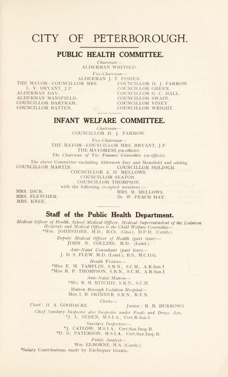 PUBLIC HEALTH COMMITTEE. Chairman— ALDERMAN WHITSED. Vice-Chairman— ALDERMAN THE MAYOR—COUNCILLOR MRS. L. V. BRYANT, J.P. ALDERMAN DAY. ALDERMAN MANSFIELD. COUNCILLOR BARTRAM. COUNCILLOR BATTEN. J. T. FISHER. COUNCILLOR II. J. FARROW COUNCILLOR GREEN. COUNCILLOR G. C. HALL. COUNCILLOR SWAIN. COUNCILLOR VINEY. COUNCILLOR WRIGHT. INFANT WELFARE COMMITTEE. Chairman— COUNCILLOR H. J. FARROW. Vice-Chairman— THE MAYOR—COUNCILLOR MRS. BRYANT, J.P. THE MAYORESS (ex-officio). The Chairman of The Finance Committee (ex-officio). The above Committee excluding Aldermen Day and Mansfield and adding COUNCILLOR MARTIN. COUNCILLOR HOLDICH. COUNCILLOR A. H. MELLOWS. COUNCILLOR SEATON. COUNCILLOR THOMPSON, with the following co-opted members ;— MRS. DICK. MRS. M. MELLOWS. MRS. FLETCHER. Dr, Mb PEACH HAY. MRS. KNEE. Staff of the Public Health Department. Medical Officer of Health, School Medical Officer, Medical Superintendent of the Isolation Hospitals and Medical Officer to the Child Welfare Committee—- *Wm. JOHNSTONE, M.D., B.Ch. (Glas.), D.P.H. (Camb.). Deputy Medical Officer of Health (part time)—■ JOHN N. COLLINS, M.D. (Lond.). Ante-Natal Consultant (part time)-—- J. D. S. FLEW, M.D. (Lond.), B.S., M.C.O.G. Health Visitors— *Miss E. M. TAMPLIN, S.R.N., S.C.M., A.R.San.I. *Miss R. P. THOMPSON, S.R.N., S.C.M., A.R.San.I. Ante-Natal Matron—- *Mrs. R. M. RITCHIE, S.R.N., S.C.M. Matron Borough Isolation Hospital—- Miss I. B. SKINNER, S.R.N., R.F.N. Clerks— Chief : H. A. GOODACRE. Junior : R. B. BURROWS. Chief Sanitary Inspector also Inspector under Foods and Drugs Acts. *J- L„ SEDEN, M.S.I.A., Cert.R.San.I. Sanitary Inspectors— * J. CAILOW, M.S.I.A., Cert.San.Insp.B. *D. G. PATERSON, M.S.I.A., Cert.San.Insp.B. Public Analyst— Wm. ELBORNE, M.A. (Camb.). ^Salary Contributions made by Exchequer Grants.