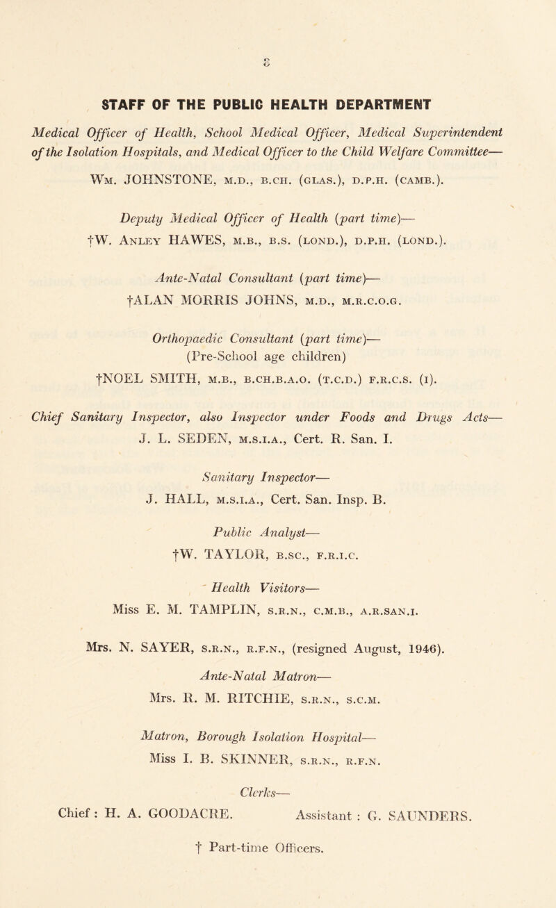 o O STAFF OF THE PUBLIC HEALTH DEPARTMENT Medical Officer of Health, School Medical Officer, Medical Superintendent of the Isolation Hospitals, and Medical Officer to the Child Welfare Committee— Wm. JOHNSTONE, m.d., b.ch. (glas.), d.p.h. (camb.). Deputy Medical Officer of Health (part time)— tW. Anley HAWES, m.b., b.s. (lond.), d.p.h. (lond.). Ante-Natal Consultant (part time)— j'ALAN MORRIS JOHNS, m.d., m.r.c.o.g. Orthopaedic Consultant (part time)— (Pre-School age children) j*NOEL SMITH, m.b., b.cii.b.a.o. (t.c.d.) f.r.c.s. (i). Chief Sanitary Inspector, also Inspector under Foods and Drugs Ads— J. L. SEDEM, m.s.i.a., Cert. R. San. I. Sanitary Inspector— J. HALL, m.s.i.a., Cert. San. Insp. B. Public Analyst— |W. TAYLOR, b.sc., f.r.i.c. Health Visitors— Miss E. M. TAMPLIN, s.r.n., c.m.b., a.r.san.i. Mrs. N. SAYER, s.r.n., r.f.n., (resigned August, 1946). Ante-Natal Matron— Mrs. R. M. RITCHIE, s.r.n., s.c.m. Matron, Borough Isolation Hospital— Miss I. B. SKINNER, s.r.n., r.f.n. Clerks— Chief : H. A. GOODACRE. Assistant : G. SAUNDERS. t Part-time Officers.