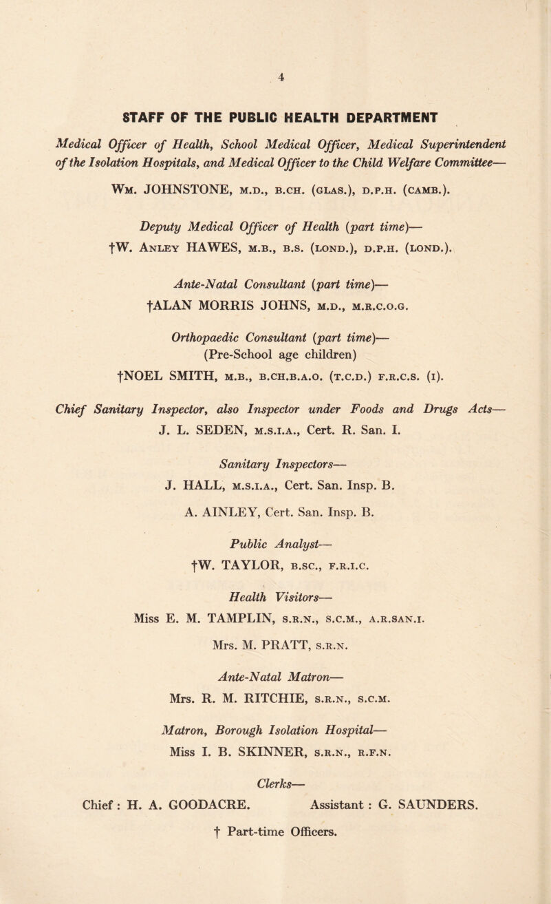 STAFF OF THE PUBLIC HEALTH DEPARTMENT Medical Officer of Health, School Medical Officer, Medical Superintendent of the Isolation Hospitals, and Medical Officer to the Child Welfare Committee— Wm. JOHNSTONE, m.d., b.ch. (glas.), d.p.h. (camb.). Deputy Medical Officer of Health (part time)— tW. Anley HAWES, m.b., b.s. (lond.), d.p.h. (lond.). Ante-Natal Consultant (part time)— fALAN MORRIS JOHNS, m.d., m.r.c.o.g. Orthopaedic Consultant (part time)— (Pre-School age children) |NOEL SMITH, m.b., b.ch.b.a.o. (t.c.d.) f.r.c.s. (i). Chief Sanitary Inspector, also Inspector under Foods and Drugs Acts— J. L. SEDEN, m.s.i.a., Cert. R. San. I. Sanitary Inspectors— J. HALL, m.s.i.a., Cert. San. Insp. B. A. AINLEY, Cert. San. Insp. B. Public Analyst— fW. TAYLOR, b.sc., f.r.i.c. •• \ Health Visitors— Miss E. M. TAMPLIN, s.r.n., s.c.m., a.r.san.i. Mrs. M. PRATT, s.r.n. Ante-Natal Matron— Mrs. R. M. RITCHIE, s.r.n., s.c.m. Matron, Borough Isolation Hospital— Miss I. B. SKINNER, s.r.n., r.f.n. Clerks— Chief: H. A. GOODACRE. Assistant : G. SAUNDERS. f Part-time Officers.