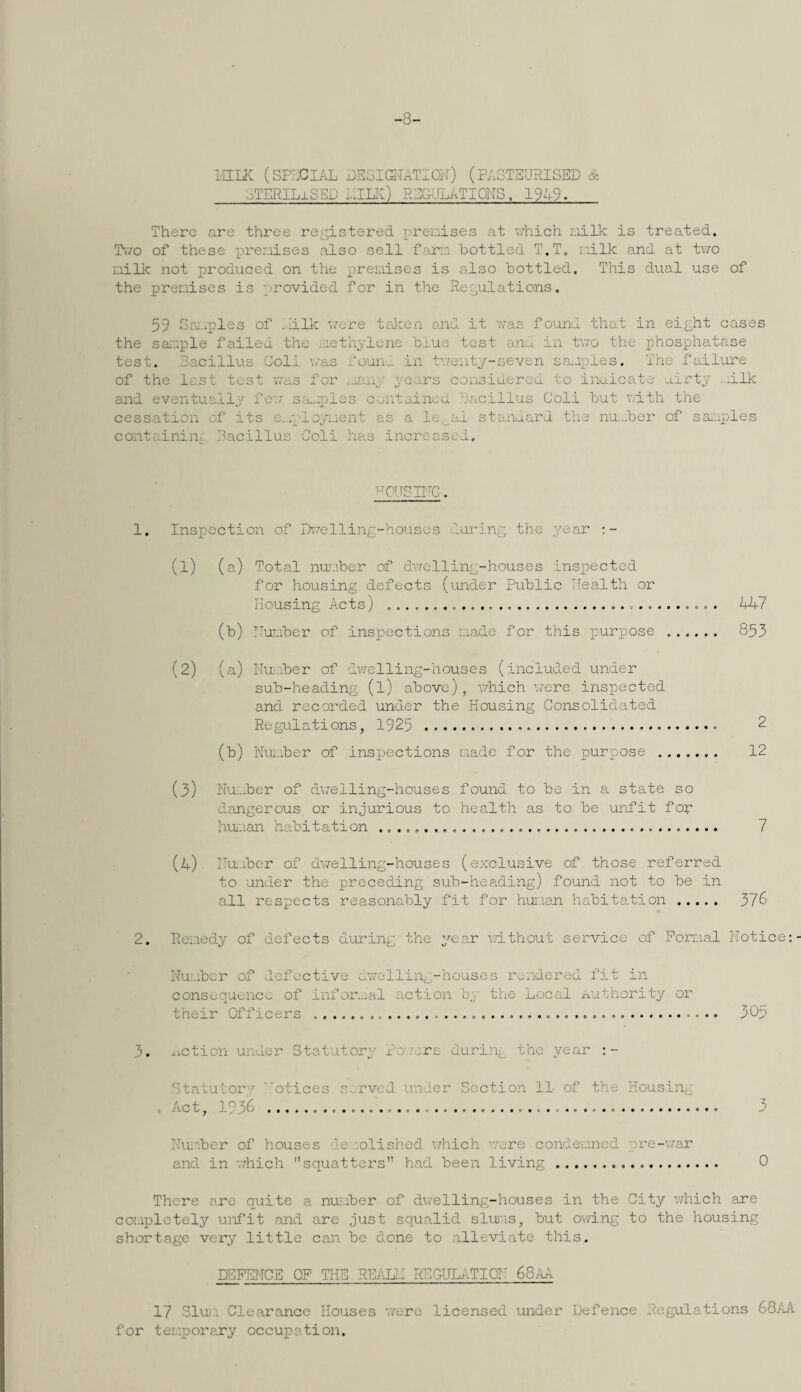 -8- IIILK (special PEGIGis'ATIOI'O (PASTEURISED & oTERILxSED I.'JLIC) RE&ULATIONS, 19A9. There are three re£;istered prenises at which niPe is treated. T\70 of these prenises also sell farn bottled T.T, nilk and at tv/o nilk not produced on the prenises is also bottled. This dual use of the prenises is provided for in the Regulations. 59 Sai-iples of -liPc v/cjre talcon and it vras found that in eight cases the saiaple failed the netliylcne baue test anu in tv/o the phosphatase test. 3a.cillus Coll ’./as ioun.^. in tv/e:it/-seven sa.aX)les. The failure of the last tost was for ...any years considered to inuicate airty ..ilk and eventually fo'./ sa..:ples contained bacillus Coli but with the cessation of its e..ploynent as a le,__al stana.ard the nu..bei’ of sa-aples containiiT.}.. Bacillus Coli has increased. ^^CUSII'C. 1. Inspection of Dwelling-houses during the year (1) (a) Total nuiuber of dv/elling-houses inspected for housing defects (under Public Health or Housing Acts) ...... 447 (b) Hui.iber of inspections nade for this purpose ...... 853 (2) (a) Nuv’ber of dwelling-houses (included under sub-heading (l) above), v/liich ’,vere inspected and recorded under the Housing Consolidated Regulations, 1925 ... 2 (b) Nuiuber of inspections made for the purpose . 12 (3) Nu-..ber of dwelling-houses found to be in a state so dangerous or injurious to health as to be unfit fop huiuan habitation .... 7 (4) ITuuber of dwelling-houses (exclusive of those referred to under the preceding sub-heading) found not to be in all respects reasonably fit for huiian habitation. 376 2. Remedy of defects during the ;''ear ’.'dthout service of Ponual Notice:- Number of defective awellin^-houscs rendered fit in consequence of infor.eal action b;, the Local xi.uthority or their Officers ... 30p 3. fiction under Statutory r^o.mrs durini£ the year :- Statutor'' otices served under Section 11- of the Housin,; . Act, 1936 ....... 3 Number of houses demolished ’vhich v/ere condemned pre-v/ar and in v/hich squatters had been living. 0 There are quite a nuv-iber of dv/elling-houses in the City which are completely unfit and are just squalid slua'is, but ov/ing to the housing shortage very little can be done to alleviate this. DEFENCE OP THE RE/'diH REGULATIOr' 68AA 17 Slu}.'. Clearance Houses v/ere licensed under Defence Regulations 68AA for tempoiviry occupation.