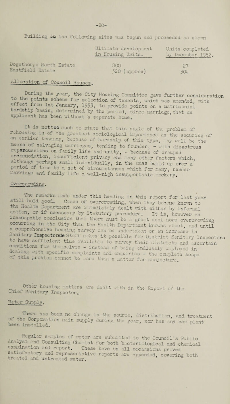 -20- Building cn the following sites //as begun and proceeded as shown mogsthorpe North Estate Eastfield Estate -■-llocation of Council Houses. Ultimate development in Housing Units. 300 320 (approx) Units completed by December 1952, 27 304 4.v,DUrinS the year> the City Housing Committee gave further consideration to the points scheme for selection of tenants, which was amended, with eifect from 1st January, 1953, to provide points on a matrimonial ardship basis, determined by the period, since marriage, that an applicant has been ’>/ithout a separate hone. It is not too much to state that this angle of the problem of rehousing is of rhe greatest sociological importance as the securing of an earlier tenancy, because of hardship of this type, may well be the means of salvaging marriages, tending to founder, - with disastrous repercussions on family life and unity, - because of cramped cccoT.imodation, insufficient priva.cy and many other factors which, although perhaps small individually, in the mass build up orer a period of time to a set of circumstances which for many, render marriage and family life a well-nigh insupportable mockery. Ove re rowding. xhe remarks made under this heading in this report for last year still hold good. Cases of overcrowding, when they become known to the Health Department are immediately dealt with either by informal action, or if necessary by Statutory procedure. It is, however an inescapable conclusion that there must be a great deal more overcrowding occurring in the City than the Health Department knowns about, amid until a comprehensive housing survey can be undertaken or an increase in Sanitary Inspectorate Staff makes it possible for District Sanitary Inspectors to have sufficient time available to survey their districts and :scertain conditions for themselves - instead of being endlessly employed in aV'(1% >ath sP°Glflc conpl ■ ints and enquiries - the complete scope 01 turns problem-, cannot be ore than a matter for conjecture. Other housing matters Chief Sanitary Inspector. Hater Supnly. are dealt with in the Report of the There has been nc change in the source di Oj. the Corporation main supply during the year been installed. stribution, and treatment nor has any new plant , Regular samples of water are submitted to the Council's Public analyst end Consulting Chemist for both bacteriological and chemical examination and report. These have on all occansions proved satisfactory and representative reports are appended, covering both treateu and untreated water.