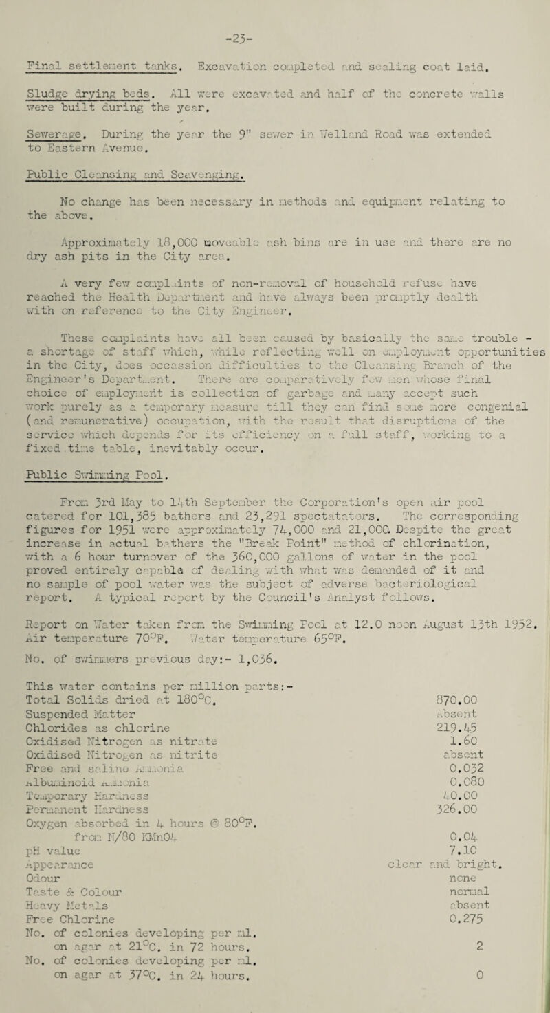 -23- Final settlement tanks. Excavation completed and sealing coat laid. Sludge drying beds. All were excav-ted and half of the concrete walls were built during the year. iewerage. During the year the 9 sewer in Tfelland Road was extended to Eastern Avenue. Public Cleansing and Scavenging. No change has been necessary in methods and equipment relating to the above. Approximately 18,000 moveable ash bins are in use and there are no dry ash pits in the City area. A very few ccmpl dnts of non-removal of household refuse have reached the Health Department and have always been promptly Health with on reference to the City Engineer. These complaints have ail been caused by basically the same trouble - a shortage of staff which, while reflecting well on employment opportunities in the City, does occassion difficulties to the Cleansing Branch of the Engineer's Department. There are comparatively few men whose final choice of employment is collection of garbage and ...any accept such work purely as a temporary measure till they can find some more congenial (and remunerative) occupation, with the result that disruptions of the service which depends for its efficiency on a full staff, working to a fixed time table, inevitably occur. Public Swimming Pool. Prom 3rd Hay to 14th September the Corporation’s open air pool catered for 101,385 bathers and 23,291 spectatators. The corresponding figures for 1951 were approximately 74,000 and 21,000. Despite the great increase in actual bathers the Break Foint method of chlorination, with a 6 hour turnover of the 360,000 gallons of water in the pool proved entirely capable of dealing with what was demanded of it and no sample of pool water 'was the subject of adverse bacteriological report, A typical report by the Council's Analyst follows. Report on 'later taken from the Swimming Pool at 12.0 noon August 13th 1952. .nir temperature 70°P. '.later temperature 65°P. No. of swimmers previous day:- 1,036, This Water contains per million parts:- Total Solids dried at 180°C. Suspended Matter Chlorides as chlorine Oxidised Nitrogen as nitrate Oxidised Nitrogen as nitrite Free and saline ammonia albuminoid ammonia Temporary Hardness Permanent Hardness Oxygen absorbed in 4 hours @ 80°F. from N/80 KMn04 pH value Appearance Odour Taste & Colour Heavy Metals Free Chlorine No. of colonies developing per ml, on agar at 210. in 72 hours. No. of colonies developing per ml. on agar at 37°C. in 24 hours. 870.00 Absent 219.45 1.6C absent 0.032 0.080 40.00 326.00 0.04 7.10 clear and bright, none normal absent 0.275 0