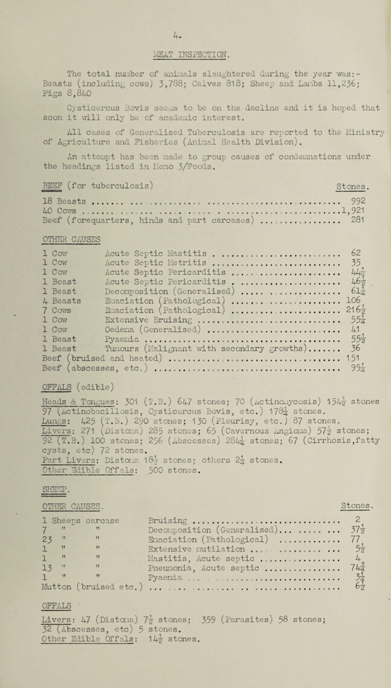 4. MEAT INSPECTION. The total number of animals slaughtered during the year was:- Beasts (including cows) 3,738; Calves 8l8; Sheep and Lanbs 11,236; Pigs 8,840 Cysticercus Bovis see:.is to be on the decline and it is hoped that soon it will only be of academic interest. All cases of Generalised Tuberculosis are reported to the Ministry of Agriculture and Fisheries (Animal Health Division). An attempt has been made to group causes of condemnations under the headings listed in Mono 3/Foods. BEEF (for tuberculosis) Stones. 18 Beasts....... 992 40 Cows.. ......1,921 Beef (forequarters, hinds and part carcases) . 281 OTHER CAUSES 1 Cow Acute Septic Mastitis..... 62 1 Cow Acute Septic Metritis . 35 1 Cow Acute Septic Pericarditis ..... ... 44^: 1 Beast Acute Septic Pericarditis . ... 46-2 1 Beast Decomposition (Generalised)... 6l^ 4 Beasts Emaciation (Pathological) .. .. 106 7 Cows Emaciation (Pathological) . .. 21 6-2 1 Cow Extensive Bruising .. .. 55^: 1 Cow Oedema (Generalised) .. 41 1 Beast Pyaemia... 552 1 Beast Tumours (Malignant with secondary growths)... 36 Beef (bruised and heated) ...... 151 Beef (abscesses, etc.) .. 95‘^r OFFALS (edible) Heads & Tongues: 301 (T.B.) 647 stones; 70 (Actinomycosis) 154i stones 97 (Actinobacillosis, Cysticercus Bovis, etc.) 178^; stones. Lungs: 425 (T.B.) 290 stones; 130 (Pleurisy, etc.) 87 stones. Livers: 271 (Distoma) 285 stones; 65 (Cavernous Angioma) 57l stones; 92 (T.B.) 100 stones; 236 (Abscesses) 28 A4 stones; 67 (Cirrhosis,fatty cysts, etc) 72 stones. Part Livers: Distoma 184 stones; others 2^ stones. Other Edible Offals: 500 stones. SHEEP. OTHER CAUSES. 1 Sheeps carcase y ft it 23 »  1 n it ^ 11 ti 13   ^ ti ii Mutton (bruised etc.) Bruising.. .... Decomposition (Generalised) Emaciation (Pathological) Extensive mutilation ... Mastitis, Acute septic .... Pneumonia, Acute septic ... Pyaemia ... . .. Stones. 2 yiz 77 51- offals ' Livers: 47 (Distoma) 7i stones; 359 (Parasites) 58 stones; 32 (Abscesses, etc) 5 stones. Other Edible Offals; 14i stones.