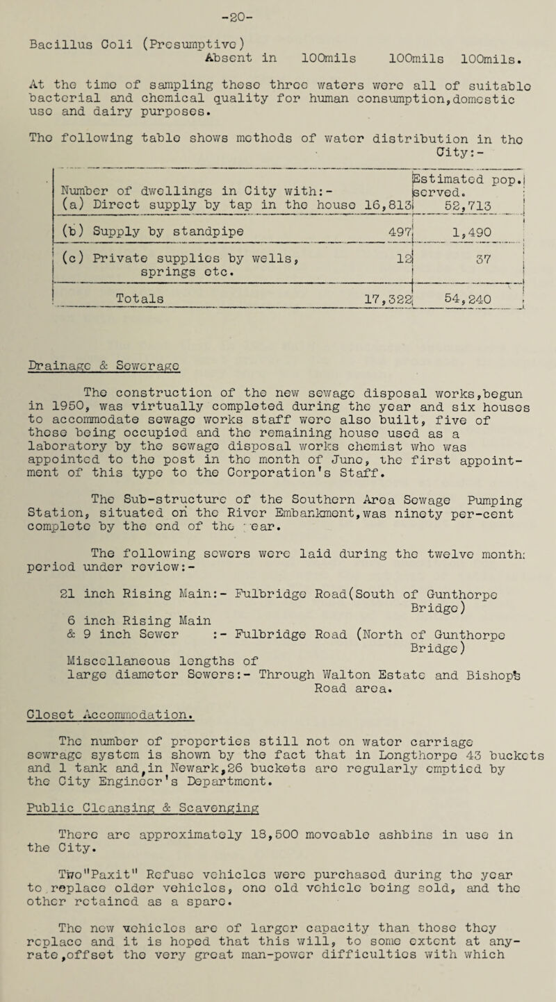 -20- Bacillus Coli (Presumptive) Absent in lOOmils lOOmils lOOmils. At the time of sampling these three waters wore all of suitable bacterial and chemical quality for human consumption,domestic use and dairy purposes. The following table shows methods of water distribution in the City:- Number of dwellings in City (a) Direct supply by tap in with:- the house [Estimated pop [served. 16,813| 52,713 (*>) Supply by standpipe : 497j 1,490 (c) Private supplies by wells, springs etc. 12! j 37 Totals 1 17,322i 54,240 Drainagc & Sewerage The construction of the new sewage disposal works,begun in 1950, was virtually completed during the year and six houses to accommodate sewage works staff wore also built, five of these being occupied and the remaining house used as a laboratory by the sewage disposal works chemist who was appointed to the post in the month of June, the first appoint¬ ment of this type to the Corporation’s Staff. The Sub-structure of the Southern Area Sewage Pumping Station, situated ori the River Embankment,was ninety per-cent complete by the end of the year. The following sewers were laid during the twelve month: period under review:- 21 inch Rising Main:- Pulbridge Road(South of Gunthorpe Bridge) 6 inch Rising Main & 9 inch Sewer Pulbridge Road (North of Gunthorpe Bridge) Miscellaneous lengths of large diameter Sewers:- Through Walton Estate and Bishopb Road area. Gloset Accommodation. The number of properties still not on water carriage sewrage system is shown by the fact that in Longthorpe 43 buckets and 1 tank and,in Newark,26 buckets are regularly emptied by the City Engineer’s Department. Public Cleansing & Scavenging; There are approximately 18,500 moveable ashbins in use in the City. Ti7oPaxit Refuse vehicles were purchased during the year to.replace older vehicles, one old vehicle being sold, and the other retained as a spare. The new vehicles are of larger capacity than those they replace and it is hoped that this will, to some extent at any- rate,offset the very great man-power difficulties with which