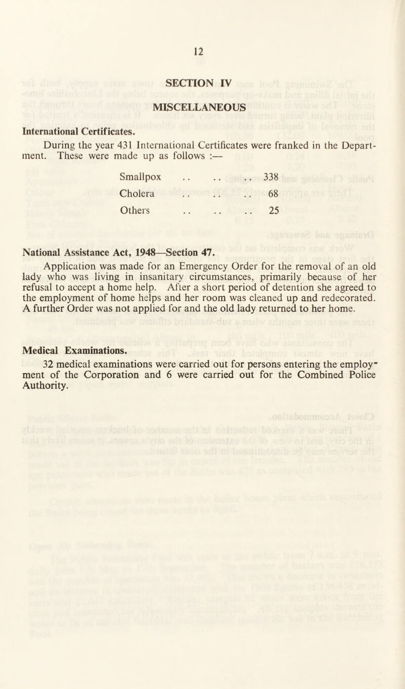 SECTION IV MISCELLANEOUS International Certificates. During the year 431 International Certificates were franked in the Depart¬ ment. These were made up as follows :— Smallpox Cholera Others 338 68 25 National Assistance Act, 1948—Section 47. Application was made for an Emergency Order for the removal of an old lady who was living in insanitary circumstances, primarily because of her refusal to accept a home help. After a short period of detention she agreed to the employment of home helps and her room was cleaned up and redecorated. A further Order was not applied for and the old lady returned to her home. Medical Examinations. 32 medical examinations were carried out for persons entering the employ ment of the Corporation and 6 were carried out for the Combined Police Authority.