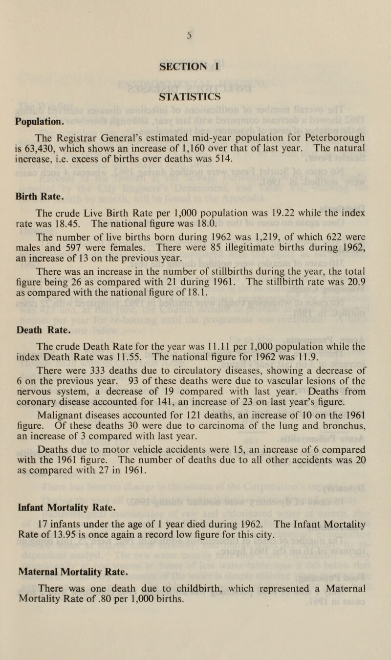 SECTION I STATISTICS Population. The Registrar General’s estimated mid-year population for Peterborough is 63,430, which shows an increase of 1,160 over that of last year. The natural increase, i.e. excess of births over deaths was 514. Birth Rate. The crude Live Birth Rate per 1,000 population was 19.22 while the index rate was 18.45. The national figure was 18.0. The number of live births born during 1962 was 1,219, of which 622 were males and 597 were females. There were 85 illegitimate births during 1962, an increase of 13 on the previous year. There was an increase in the number of stillbirths during the year, the total figure being 26 as compared with 21 during 1961. The stillbirth rate was 20.9 as compared with the national figure of 18.1. Death Rate. The crude Death Rate for the year was 11.11 per 1,000 population while the index Death Rate was 11.55. The national figure for 1962 was 11.9. There were 333 deaths due to circulatory diseases, showing a decrease of 6 on the previous year. 93 of these deaths were due to vascular lesions of the nervous system, a decrease of 19 compared with last year. Deaths from coronary disease accounted for 141, an increase of 23 on last year’s figure. Malignant diseases accounted for 121 deaths, an increase of 10 on the 1961 figure. Of these deaths 30 were due to carcinoma of the lung and bronchus, an increase of 3 compared with last year. Deaths due to motor vehicle accidents were 15, an increase of 6 compared with the 1961 figure. The number of deaths due to all other accidents was 20 as compared with 27 in 1961. Infant Mortality Rate. 17 infants under the age of 1 year died during 1962. The Infant Mortality Rate of 13.95 is once again a record low figure for this city. Maternal Mortality Rate. There was one death due to childbirth, which represented a Maternal Mortality Rate of .80 per 1,000 births.