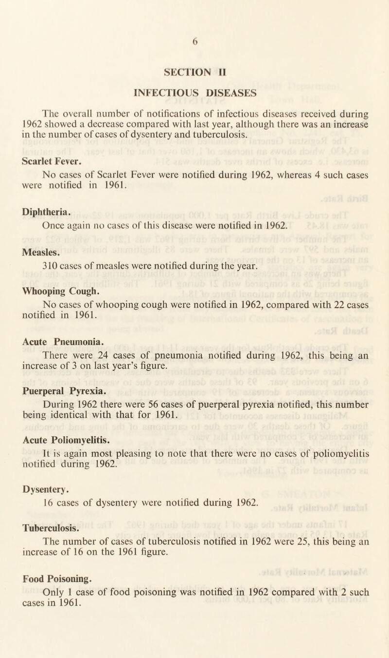 SECllON II INFECTIOUS DISEASES The overall number of notifications of infectious diseases received during 1962 showed a decrease compared with last year, although there was an increase in the number of cases of dysentery and tuberculosis. Scarlet Fever. No cases of Scarlet Fever were notified during 1962, whereas 4 such cases were notified in 1961. Diphtheria. Once again no cases of this disease were notified in 1962. Measles. 310 cases of measles were notified during the year. Whooping Cough. No cases of whooping cough were notified in 1962, compared with 22 cases notified in 1961. Acute Pneumonia. There were 24 cases of pneumonia notified during 1962, this being an increase of 3 on last year’s figure. Puerperal Pyrexia. During 1962 there were 56 cases of puerperal pyrexia notified, this number being identical with that for 1961. Acute Poliomyelitis. It is again most pleasing to note that there were no cases of poliomyelitis notified during 1962. Dysentery. 16 cases of dysentery were notified during 1962. Tuberculosis. The number of cases of tuberculosis notified in 1962 were 25, this being an increase of 16 on the 1961 figure. Food Poisoning. Only 1 case of food poisoning was notified in 1962 compared with 2 such cases in 1961.