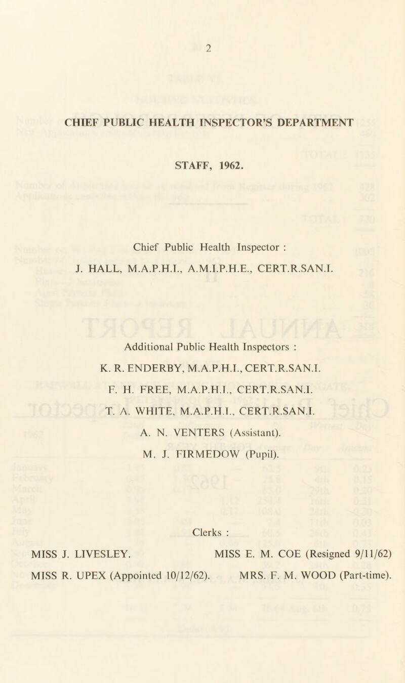 CHIEF PUBLIC HEALTH INSPECTOR’S DEPARTMENT STAFF, 1962. Chief Public Health Inspector : J. HALL, M.A.P.H.T., A.M.I.P.H.E., CERT.R.SAN.I. Additional Public Health Inspectors ; K. R. ENDERBY, M.A.P.H.I., CERT.R.SAN.I F. H. FREE, M.A.P.H.I., CERT.R.SAN.I. T. A. WHITE, M.A.P.H.f., CERT.R.SAN.I. A. N. VENTERS (Assistant). M. J. FIRMEDOW (Pupil). Clerks : MISS J. LIVESLEY. MISS E. M. COE (Resigned 9/11/62) MISS R. UPEX (Appointed 10/12/62). MRS. F. M. WOOD (Part-time).