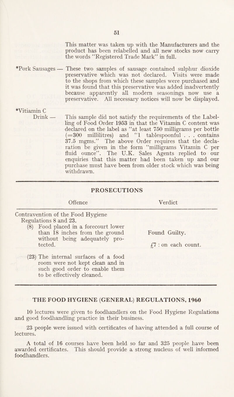 This matter was taken up with the Manufacturers and the product has been relabelled and all new stocks now carry the words “Registered Trade Mark” in full. *Pork Sausages — These two samples of sausage contained sulphur dioxide preservative which was not declared. Visits were made to the shops from which these samples were purchased and it was found that this preservative was added inadvertently because apparently all modern seasonings now use a preservative. All necessary notices will now be displayed. *Vitiamin C Drink — This sample did not satisfy the requirements of the Label¬ ling of Food Order 1953 in that the Vitamin C content was declared on the label as “at least 750 milligrams per bottle (—300 millilitres) and “1 tablespoonful . . . contains 37.5 mgms.” The above Order requires that the decla¬ ration be given in the form “milligrams Vitamin C per fluid ounce”. The U.K. Sales Agents replied to our enquiries that this matter had been taken up and our purchase must have been from older stock which was being withdrawn. PROSECUTIONS Offence Verdict Contravention of the Food Hygiene Regulations 8 and 23. (8) Food placed in a forecourt lower than 18 inches from the ground Found Guilty, without being adequately pro¬ tected. £1 : on each count. (23) The internal surfaces of a food room were not kept clean and in such good order to enable them to be effectively cleaned. THE FOOD HYGIENE (GENERAL) REGULATIONS, 1960 10 lectures were given to foodhandlers on the Food Hygiene Regulations and good foodhandling practice in their business. 23 people were issued with certificates of having attended a full course of lectures. A total of 16 courses have been held so far and 325 people have been awarded certificates. This should provide a strong nucleus of well informed foodhandlers.