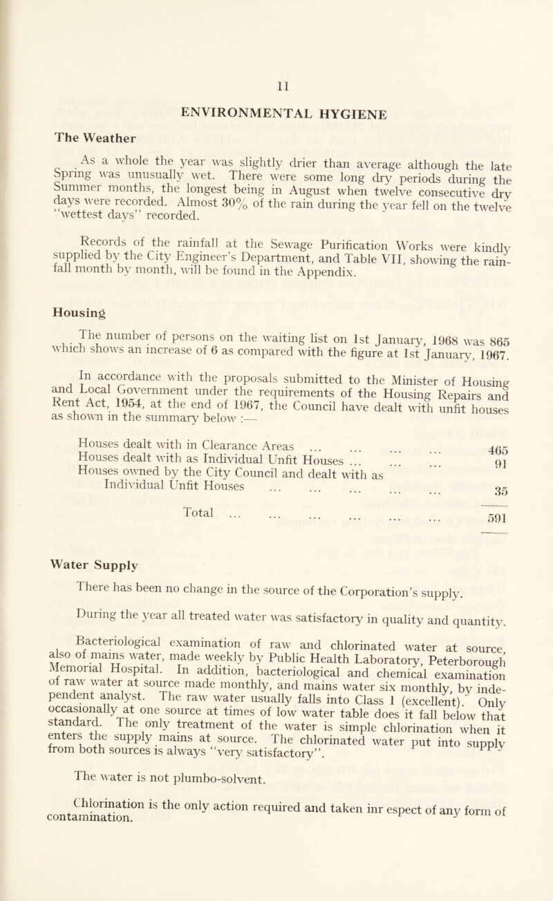 ENVIRONMENTAL HYGIENE The Weather As a whole the year was slightly drier than average although the late Spring v as unusually wet. There were some long dry periods during the Summer months, the longest being in August when twelve consecutive drv days were recorded. Almost 30% of the rain during the year fell on the twelve wettest days” recorded. Records of the rainfall at the Sewage Purification Works were kindlv supplied by the City Engineer's Department, and Table VII, showing the rain- tall month by month, will be found in the Appendix. Housing • num^er Persons on the waiting list on 1st January, 1968 was 865 which shows an increase of 6 as compared with the figure at 1st January, 1967. In accordance with the proposals submitted to the Minister of Housing and Local Government under the requirements of the Housing Repairs and Rent Act, 1954, at the end of 1967, the Council have dealt with unfit houses as shown m the summary below :— Houses dealt with in Clearance Areas Houses dealt with as Individual Unfit Houses Houses owned by the City Council and dealt with as Individual Unfit Houses 465 91 35 Total 591 Water Supply There has been no change in the source of the Corporation’s supply. During the year all treated water was satisfactory in quality and quantity. Bacteriological examination of raw and chlorinated water at source also of mams water, made weekly by Public Health Laboratory, Peterborough Memorial Hospital. In addition, bacteriological and chemical examination oi raw water at source made monthly, and mains water six monthly by inde¬ pendent analyst. The raw water usually falls into Class 1 (excellent). Only occasionally at one source at times of low water table does it fall below that standard. The only treatment of the water is simple chlorination when it enters the supply mams at source. The chlorinated water put into supply from both sources is always very satisfactory”. y The water is not plumbo-solvent. contamination°n ^ ^ °n^ act*on reduired and taken inr espect of any form of