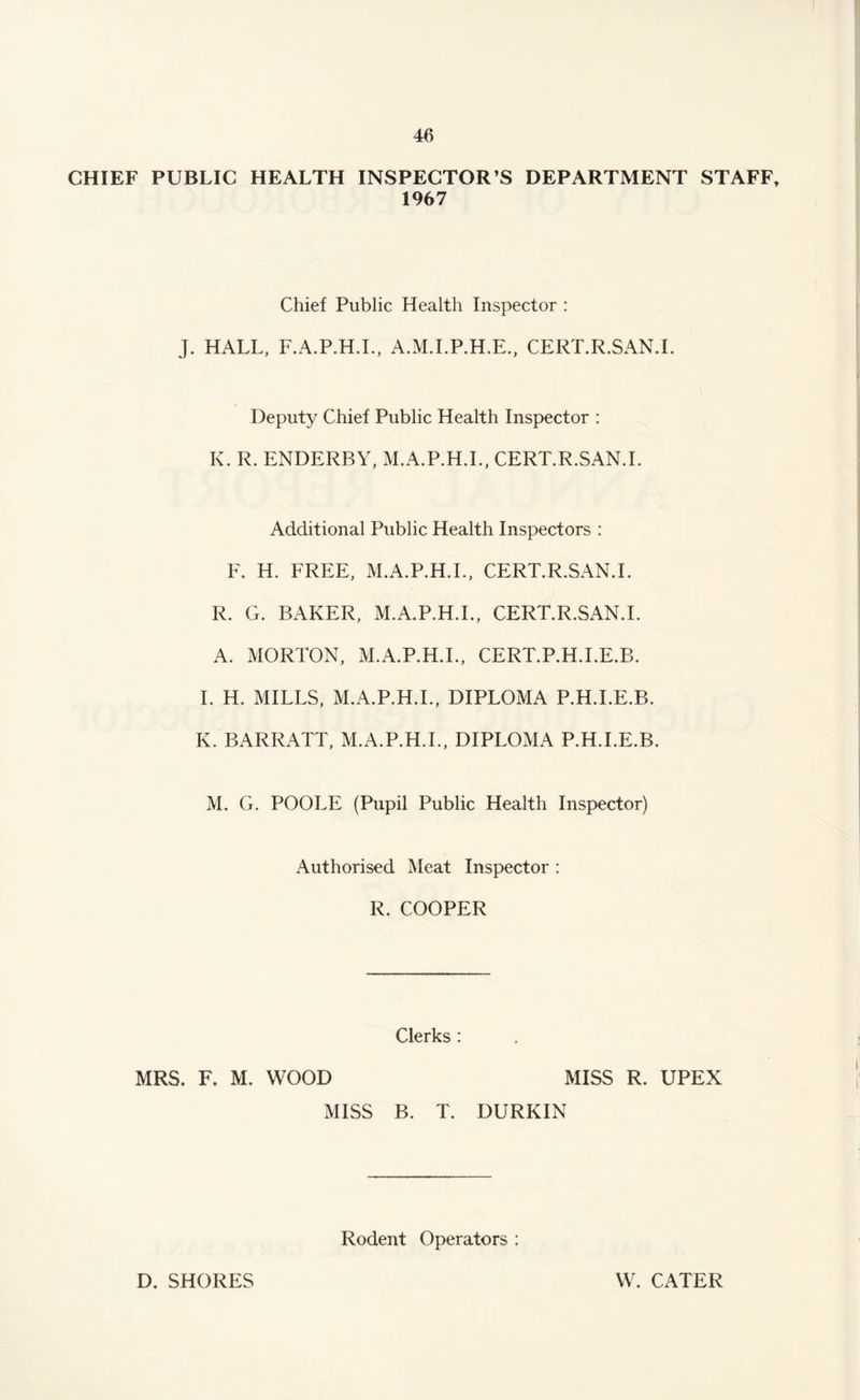 CHIEF PUBLIC HEALTH INSPECTOR’S DEPARTMENT STAFF, 1967 Chief Public Health Inspector : J. HALL, F.A.P.H.I., A.M.I.P.H.E., CERT.R.SAN.I. Deputy Chief Public Health Inspector : K. R. ENDERBY, M.A.P.H.I., CERT.R.SAN.I. Additional Public Health Inspectors : F. H. FREE, M.A.P.H.I., CERT.R.SAN.I. R. G. BAKER, M.A.P.H.I., CERT.R.SAN.I. A. MORTON, M.A.P.H.I., CERT.P.H.I.E.B. I. H. MILLS, M.A.P.H.I., DIPLOMA P.H.I.E.B. K. BARRATT, M.A.P.H.I., DIPLOMA P.H.I.E.B. M. G. POOLE (Pupil Public Health Inspector) Authorised Meat Inspector : R. COOPER Clerks : MRS. F. M. WOOD MISS R. UPEX MISS B. T. DURKIN Rodent Operators : D. SHORES W. CATER