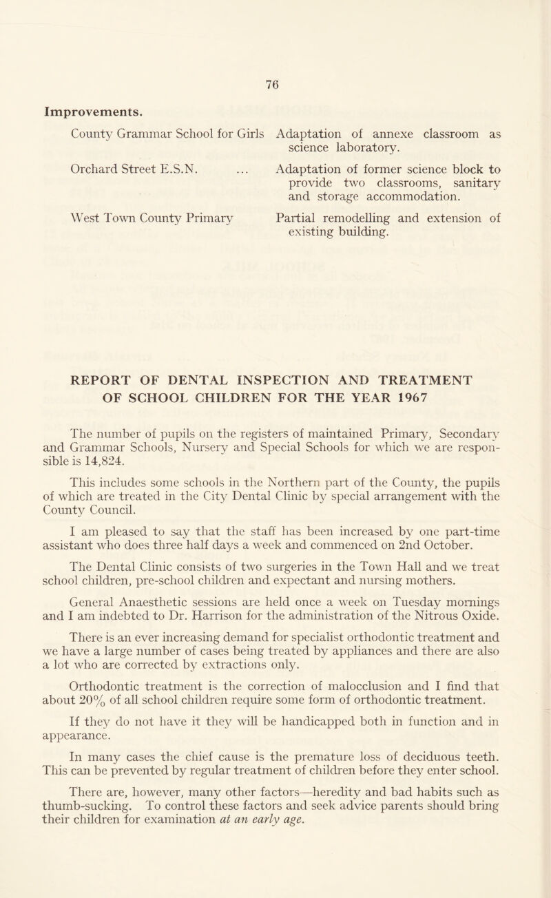 Improvements. County Grammar School for Girls Adaptation of annexe classroom as science laboratory. Orchard Street E.S.N. ... Adaptation of former science block to provide two classrooms, sanitary and storage accommodation. West Town County Primary Partial remodelling and extension of existing building. REPORT OF DENTAL INSPECTION AND TREATMENT OF SCHOOL CHILDREN FOR THE YEAR 1967 The number of pupils on the registers of maintained Primary, Secondary and Grammar Schools, Nursery and Special Schools for which we are respon¬ sible is 14,824. This includes some schools in the Northern part of the County, the pupils of which are treated in the City Dental Clinic by special arrangement with the County Council. I am pleased to say that the staff has been increased by one part-time assistant who does three half days a week and commenced on 2nd October. The Dental Clinic consists of two surgeries in the Town Hall and we treat school children, pre-school children and expectant and nursing mothers. General Anaesthetic sessions are held once a week on Tuesday mornings and I am indebted to Dr. Harrison for the administration of the Nitrous Oxide. There is an ever increasing demand for specialist orthodontic treatment and we have a large number of cases being treated by appliances and there are also a lot who are corrected by extractions only. Orthodontic treatment is the correction of malocclusion and I find that about 20% of all school children require some form of orthodontic treatment. If they do not have it they will be handicapped both in function and in appearance. In many cases the chief cause is the premature loss of deciduous teeth. This can be prevented by regular treatment of children before they enter school. There are, however, many other factors—heredity and bad habits such as thumb-sucking. To control these factors and seek advice parents should bring their children for examination at an early age.