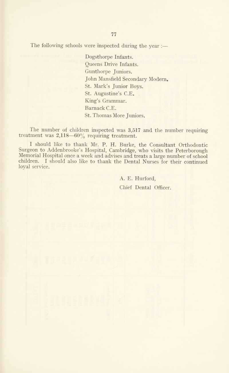 The following schools were inspected during the year :— Dogsthorpe Infants. Queens Drive Infants. Gunthorpe Juniors. John Mansfield Secondary Modern. St. Mark’s Junior Boys. St. Augustine’s C.E. King’s Grammar. Barnack C.E. St. Thomas More Juniors. Ihe number of children inspected was 3,517 and the number requiring treatment was 2,118—60% requiring treatment. I should like to thank Mr. P. H. Burke, the Consultant Orthodontic Surgeon to Addenbrooke’s Hospital, Cambridge, who visits the Peterborough Memorial Hospital once a week and advises and treats a large number of school children. I should also like to thank the Dental Nurses for their continued loyal service. A. E. Hurford, Chief Dental Officer.