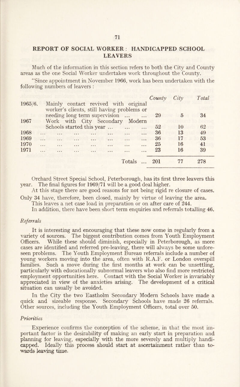 REPORT OF SOCIAL WORKER : HANDICAPPED SCHOOL LEAVERS Much of the information in this section refers to both the City and County areas as the one Social Worker undertakes work throughout the County. Since appointment in November 1966, work has been undertaken with the following numbers of leavers : County City T otal 1965/6. Mainly contact revived with original worker’s clients, still having problems or needing long term supervision ... 29 5 34 1967 Work with City Secondary Modern Schools started this year ... 52 10 62 1968 • «• «♦• ••• * * * • • * * » • 36 13 49 1969 • ••• *•» •« * •«• * » • 36 17 53 1970 «•» • • • ••• »•♦ « «• • • * 25 16 41 1971 ••• ••• ••• ••• ••• 23 16 39 Totals ,.. 201 77 278 Orchard Street Special School, Peterborough, has its first three leavers this year. The final figures for 1969/71 will be a good deal higher. At this stage there are good reasons for not being rigid re closure of cases. Only 34 have, therefore, been closed, mainly by virtue of leaving the area. This leaves a net case load in preparation or on after care of 244. In addition, there have been short term enquiries and referrals totalling 46. Referrals It is interesting and encouraging that these now come in regularly from a variety of sources. The biggest contribution comes from Youth Employment Officers. While these should diminish, especially in Peterborough, as more cases are identified and referred pre-leaving, there will always be some unfore¬ seen problems. The Youth Employment Bureau referrals include a number of young workers moving into the area, often with R.A.F. or London overspill families. Such a move during the first months at work can be unsettling, particularly with educationally subnormal leavers who also find more restricted employment opportunities here. Contact vdth the Social Worker is invariably appreciated in view of the anxieties arising. The development of a critical situation can usually be avoided. In the City the two Eastholm Secondary Modern Schools have made a quick and sizeable response. Secondary Schools have made 26 referrals. Other sources, including the Youth Employment Officers, total over 50. Priorities Experience confirms the conception of the scheme, in that the most im¬ portant factor is the desirability of making an early start in preparation and planning for leaving, especially with the more severely and multiply handi¬ capped. Ideally this process should start at ascertainment rather than to¬ wards leaving time.