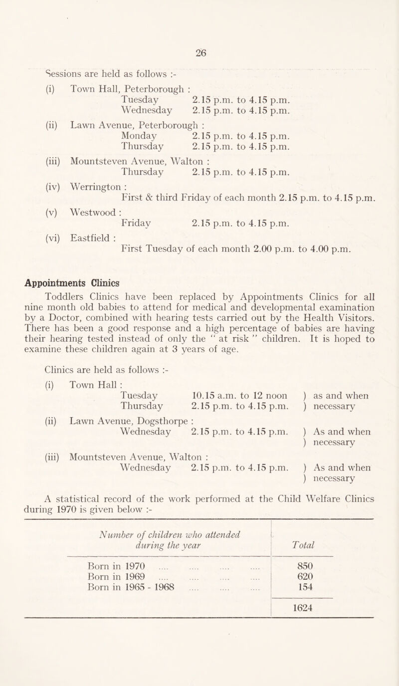 Sessions are held as follows (i) (iii) (iv) (V) (Vi) Town Hall, Peterborough : Tuesday 2.15 p.m. to 4.15 p.m. Wednesday 2.15 p.m. to 4.15 p.m. Lawn Avenue, Peterborough : Monday 2.15 p.m. to 4.15 p.m. Thursday 2.15 p.m. to 4.15 p.m. Mountsteven Avenue, Walton : Thursday 2.15 p.m. to 4.15 p.m. Werrington : First & third Friday of each month 2.15 p.m. to 4.15 p.m. Westwood : Friday 2.15 p.m. to 4.15 p.m. Eastfield : First Tuesday of each month 2.00 p.m. to 4.00 p.m. Appointments Clinics Toddlers Clinics have been replaced by Appointments Clinics for all nine month old babies to attend for medical and developmental examination by a Doctor, combined with hearing tests carried out by the Health Visitors. There has been a good response and a high percentage of babies are having their hearing tested instead of only the at risk ” children. It is hoped to examine these children again at 3 years of age. Clinics are held as follows (i) Town Hall : Tuesday 10.15 a.m. to 12 noon Thursday 2.15 p.m. to 4.15 p.m. (ii) Lawn Avenue, Dogsthorpe : Wednesday 2.15 p.m. to 4.15 p.m. (iii) Mountsteven Avenue, Walton : Wednesday 2.15 p.m. to 4.15 p.m. ) as and when ) necessary ) As and when ) necessary ) As and when ) necessary A statistical record of the work performed at the Child Welfare Clinics during 1970 is given below Numher of children who attended during the year Total Born in 1970 850 Born in 1969 620 Born in 1965 - 1968 154 1624